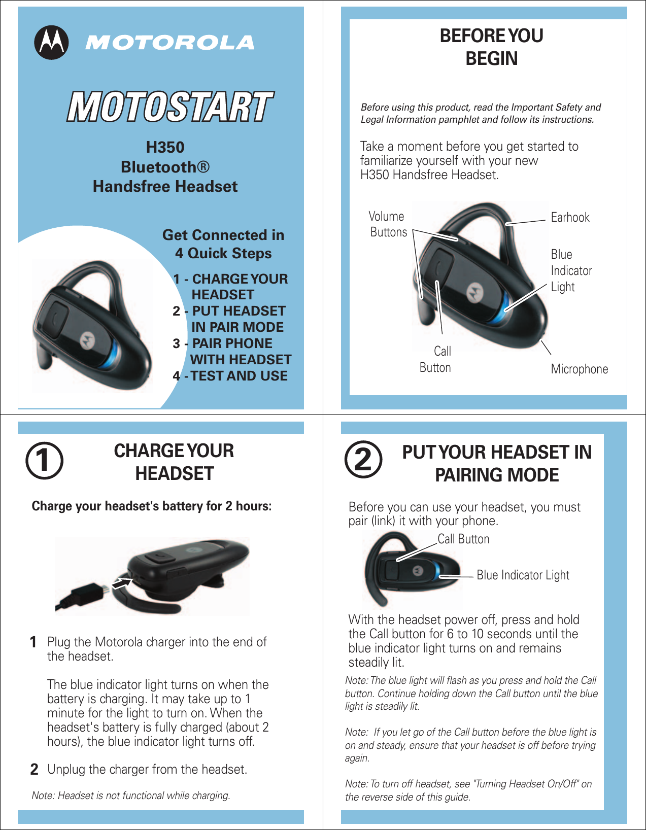 Page 1 of 5 - Motorola Motorola-Other-Bluetooth-Headsets-H350-Owners-Manual