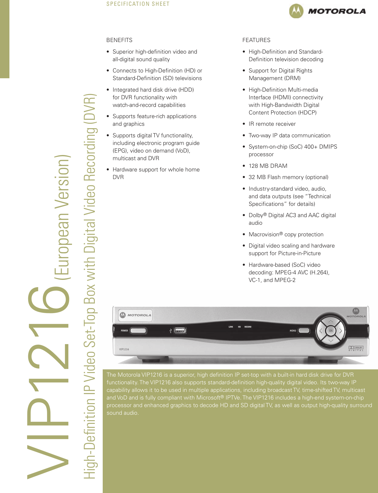 Page 1 of 2 - Motorola Motorola-Vip-1216-Users-Manual- 1216E-001  Motorola-vip-1216-users-manual