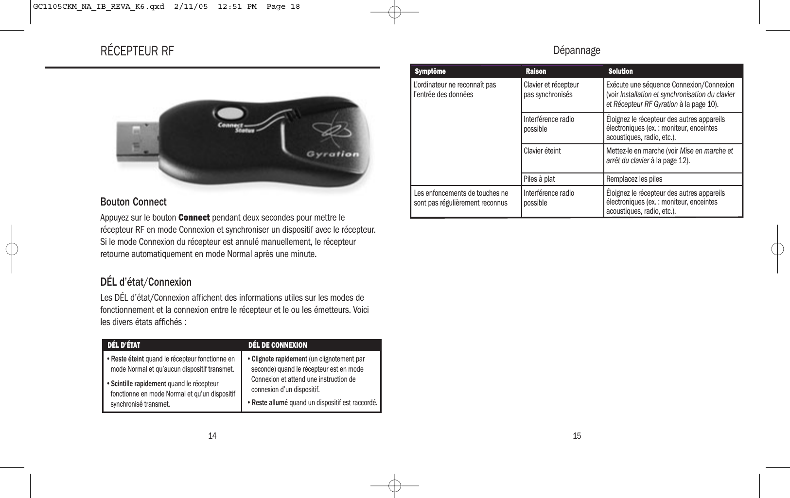 RÉCEPTEUR RFSymptômeL’ordinateur ne reconnaît pas l’entrée des donnéesClavier et récepteur pas synchronisésExécute une séquence Connexion/Connexion (voir Installation et synchronisation du clavier et Récepteur RF Gyration à la page 10).Interférence radio possibleÉloignez le récepteur des autres appareils électroniques (ex. : moniteur, enceintes acoustiques, radio, etc.).Clavier éteint Mettez-le en marche (voir Mise en marche et arrêt du clavier à la page 12).Piles à plat Remplacez les pilesInterférence radio possibleLes enfoncements de touches ne sont pas régulièrement reconnusÉloignez le récepteur des autres appareils électroniques (ex. : moniteur, enceintes acoustiques, radio, etc.).Raison SolutionDépannage1514Bouton ConnectAppuyez sur le bouton Connect pendant deux secondes pour mettre lerécepteur RF en mode Connexion et synchroniser un dispositif avec le récepteur.Si le mode Connexion du récepteur est annulé manuellement, le récepteurretourne automatiquement en mode Normal après une minute.DÉL d’état/ConnexionLes DÉL d’état/Connexion affichent des informations utiles sur les modes defonctionnement et la connexion entre le récepteur et le ou les émetteurs. Voiciles divers états affichés :DÉL D’ÉTAT DÉL DE CONNEXION• Reste éteint quand le récepteur fonctionne en mode Normal et qu’aucun dispositif transmet.• Scintille rapidement quand le récepteur fonctionne en mode Normal et qu’un dispositif synchronisé transmet.• Clignote rapidement (un clignotement par seconde) quand le récepteur est en mode Connexion et attend une instruction de connexion d’un dispositif.• Reste allumé quand un dispositif est raccordé. GC1105CKM_NA_IB_REVA_K6.qxd  2/11/05  12:51 PM  Page 18