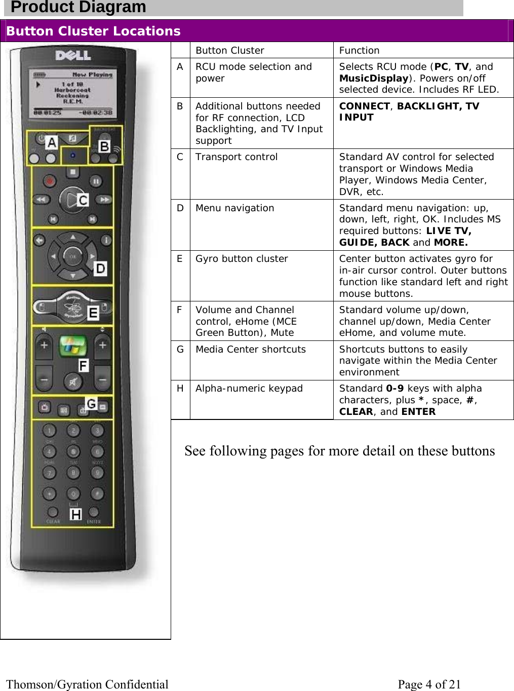 Thomson/Gyration Confidential    Page 4 of 21   Product Diagram Button Cluster Locations  Button Cluster    Function A  RCU mode selection and power  Selects RCU mode (PC, TV, and MusicDisplay). Powers on/off selected device. Includes RF LED. B  Additional buttons needed for RF connection, LCD Backlighting, and TV Input support CONNECT, BACKLIGHT, TV INPUT C  Transport control  Standard AV control for selected transport or Windows Media Player, Windows Media Center,  DVR, etc. D  Menu navigation  Standard menu navigation: up, down, left, right, OK. Includes MS required buttons: LIVE TV, GUIDE, BACK and MORE. E  Gyro button cluster  Center button activates gyro for in-air cursor control. Outer buttons function like standard left and right mouse buttons.  F Volume and Channel control, eHome (MCE Green Button), Mute Standard volume up/down, channel up/down, Media Center eHome, and volume mute. G  Media Center shortcuts  Shortcuts buttons to easily navigate within the Media Center environment H Alpha-numeric keypad  Standard 0-9 keys with alpha characters, plus *, space, #, CLEAR, and ENTER                         See following pages for more detail on these buttons 
