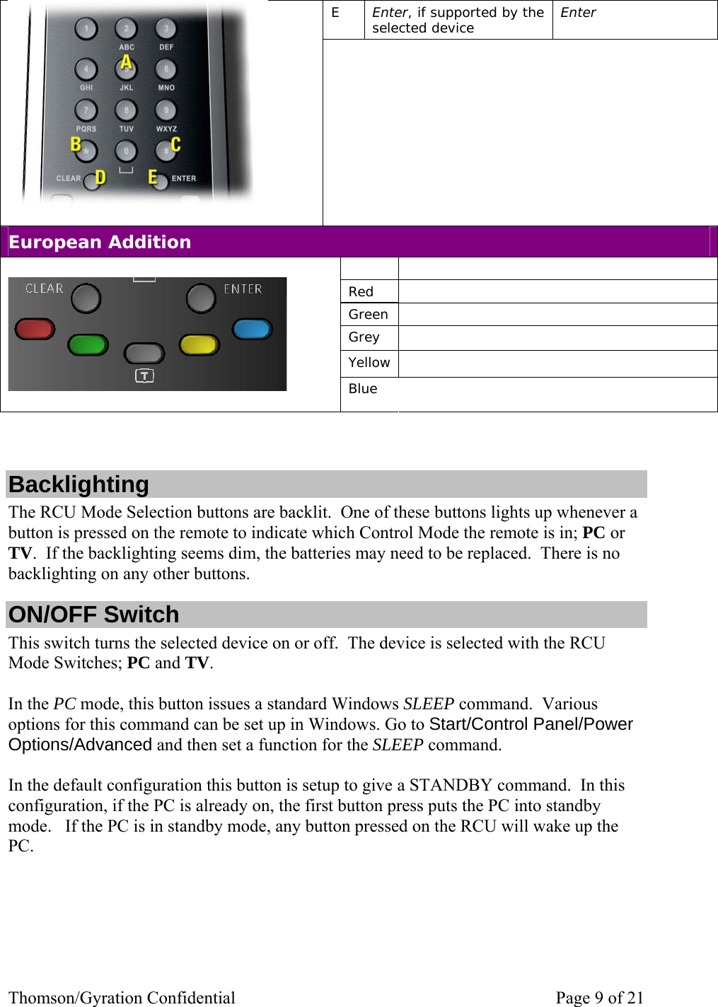 Thomson/Gyration Confidential    Page 9 of 21 E  Enter, if supported by the selected device  Enter    European Addition   Red  Green  Grey  Yellow     Blue    Backlighting The RCU Mode Selection buttons are backlit.  One of these buttons lights up whenever a button is pressed on the remote to indicate which Control Mode the remote is in; PC or TV.  If the backlighting seems dim, the batteries may need to be replaced.  There is no backlighting on any other buttons.   ON/OFF Switch This switch turns the selected device on or off.  The device is selected with the RCU Mode Switches; PC and TV.    In the PC mode, this button issues a standard Windows SLEEP command.  Various options for this command can be set up in Windows. Go to Start/Control Panel/Power Options/Advanced and then set a function for the SLEEP command.  In the default configuration this button is setup to give a STANDBY command.  In this configuration, if the PC is already on, the first button press puts the PC into standby mode.   If the PC is in standby mode, any button pressed on the RCU will wake up the PC. 