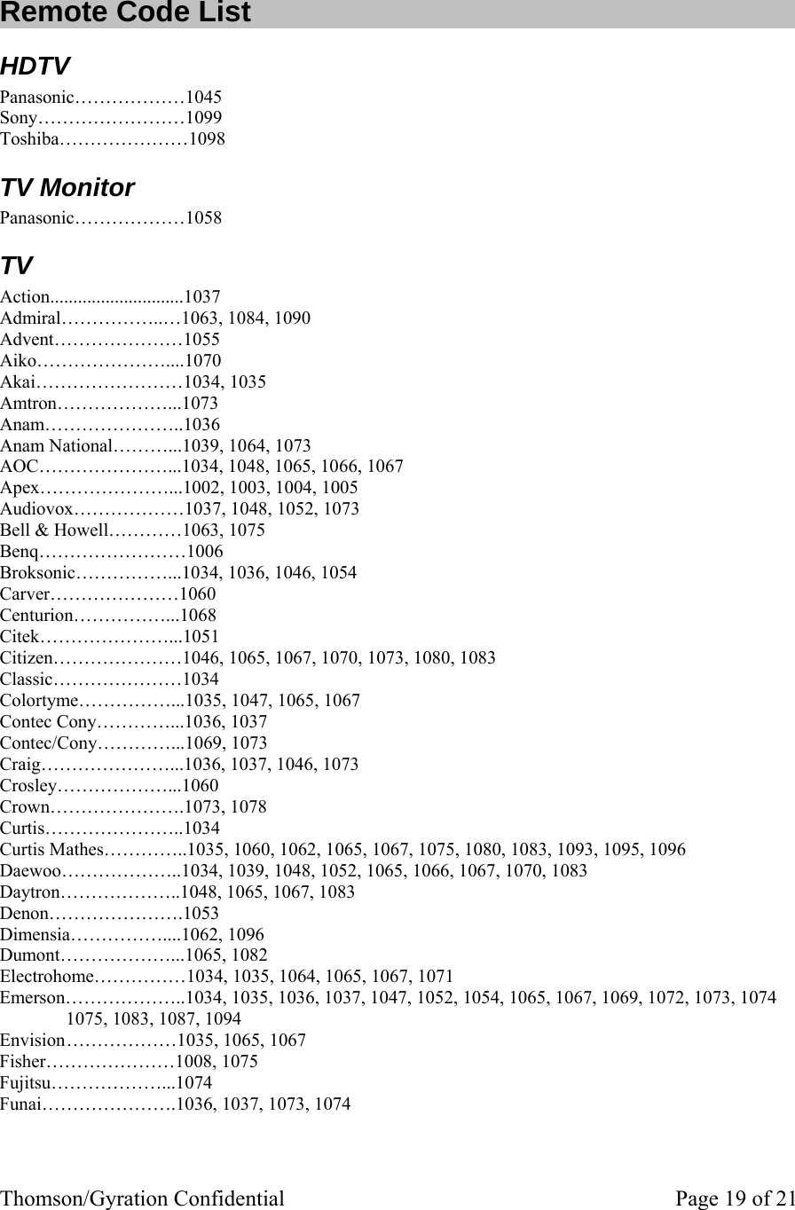 Thomson/Gyration Confidential    Page 19 of 21  Remote Code List HDTV Panasonic………………1045 Sony……………………1099 Toshiba…………………1098 TV Monitor Panasonic………………1058 TV Action.............................1037          Admiral……………..…1063, 1084, 1090         Advent…………………1055          Aiko…………………....1070          Akai……………………1034, 1035         Amtron………………...1073          Anam…………………..1036          Anam National………...1039, 1064, 1073         AOC…………………...1034, 1048, 1065, 1066, 1067       Apex…………………...1002, 1003, 1004, 1005        Audiovox………………1037, 1048, 1052, 1073        Bell &amp; Howell…………1063, 1075          Benq……………………1006          Broksonic……………...1034, 1036, 1046, 1054        Carver…………………1060          Centurion……………...1068          Citek…………………...1051          Citizen…………………1046, 1065, 1067, 1070, 1073, 1080, 1083      Classic…………………1034          Colortyme……………...1035, 1047, 1065, 1067        Contec Cony…………...1036, 1037         Contec/Cony…………...1069, 1073         Craig…………………...1036, 1037, 1046, 1073        Crosley………………...1060          Crown………………….1073, 1078         Curtis…………………..1034          Curtis Mathes…………..1035, 1060, 1062, 1065, 1067, 1075, 1080, 1083, 1093, 1095, 1096     Daewoo………………..1034, 1039, 1048, 1052, 1065, 1066, 1067, 1070, 1083    Daytron………………..1048, 1065, 1067, 1083        Denon………………….1053          Dimensia……………....1062, 1096          Dumont………………...1065, 1082         Electrohome……………1034, 1035, 1064, 1065, 1067, 1071      Emerson………………..1034, 1035, 1036, 1037, 1047, 1052, 1054, 1065, 1067, 1069, 1072, 1073, 1074  1075, 1083, 1087, 1094 Envision ………………1035, 1065, 1067         Fisher…………………1008, 1075          Fujitsu………………...1074          Funai………………….1036, 1037, 1073, 1074        