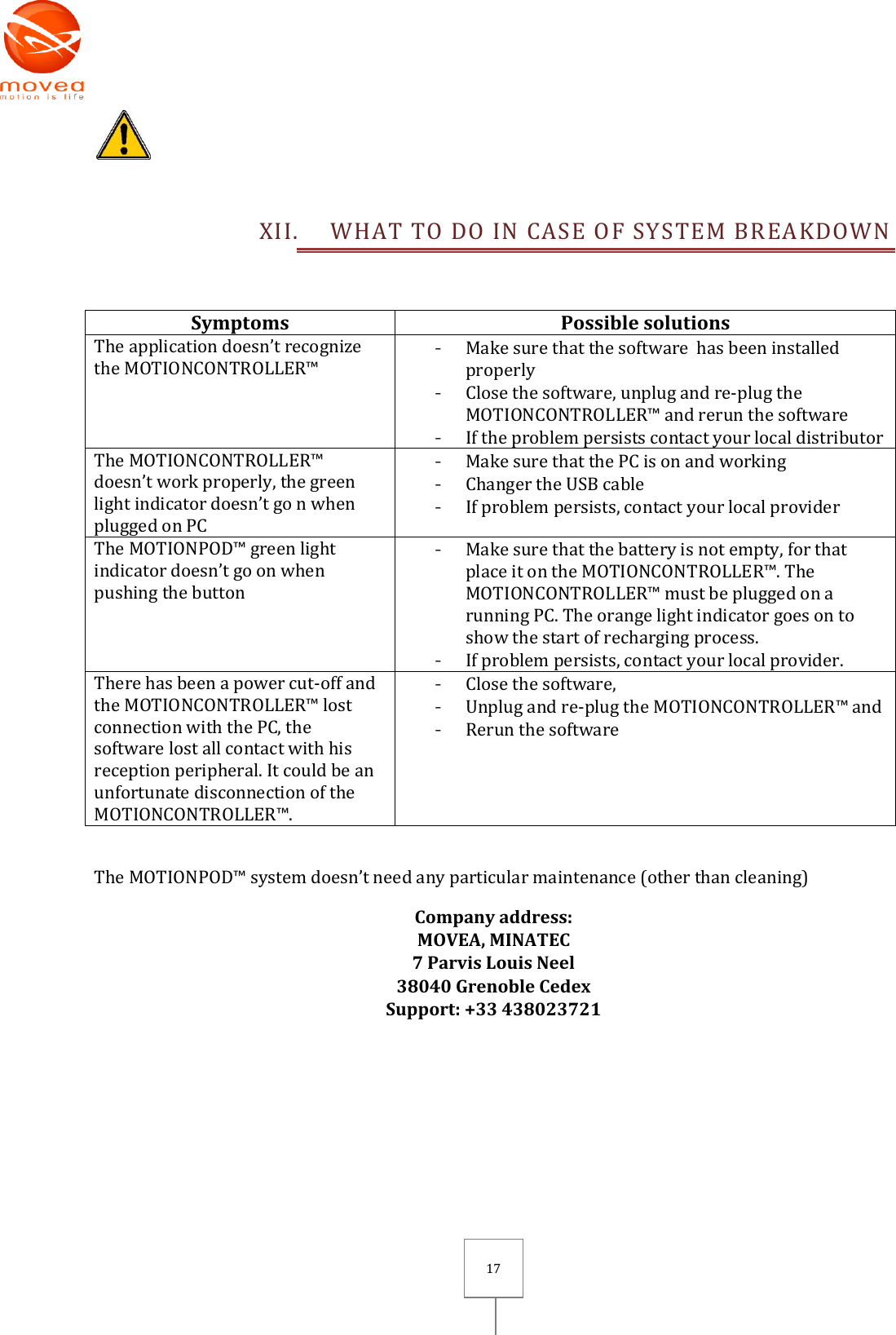       17   XII. WHAT TO DO IN CASE OF SYSTEM BREAKDOWN  Symptoms Possible solutions The application doesn’t recognize the MOTIONCONTROLLER™ - Make sure that the software  has been installed properly - Close the software, unplug and re-plug the MOTIONCONTROLLER™ and rerun the software - If the problem persists contact your local distributor The MOTIONCONTROLLER™ doesn’t work properly, the green light indicator doesn’t go n when plugged on PC - Make sure that the PC is on and working  - Changer the USB cable - If problem persists, contact your local provider The MOTIONPOD™ green light indicator doesn’t go on when pushing the button - Make sure that the battery is not empty, for that place it on the MOTIONCONTROLLER™. The MOTIONCONTROLLER™ must be plugged on a running PC. The orange light indicator goes on to show the start of recharging process. - If problem persists, contact your local provider. There has been a power cut-off and the MOTIONCONTROLLER™ lost connection with the PC, the software lost all contact with his reception peripheral. It could be an unfortunate disconnection of the MOTIONCONTROLLER™. - Close the software,  - Unplug and re-plug the MOTIONCONTROLLER™ and  - Rerun the software   The MOTIONPOD™ system doesn’t need any particular maintenance (other than cleaning) Company address: MOVEA, MINATEC 7 Parvis Louis Neel 38040 Grenoble Cedex Support: +33 438023721    