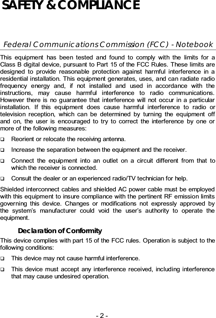 Federal Communications Commission (FCC) - Notebook  /            %.&apos;01%%2         //                  3             (  /                /               4!&quot; 2!&quot; (/!&quot; %  /          !&quot; %,) +%/2   %       5     5    /Declaration of Conformity 01%%#4!&quot; !&quot;         SAFETY &amp; COMPLIANCE 