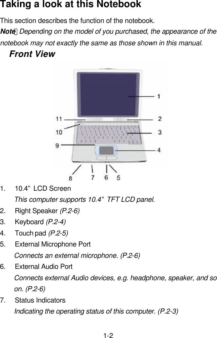  1-2Taking a look at this Notebook This section describes the function of the notebook. Note：Depending on the model of you purchased, the appearance of the notebook may not exactly the same as those shown in this manual. Front View  1. 10.4” LCD Screen This computer supports 10.4” TFT LCD panel. 2. Right Speaker (P.2-6) 3. Keyboard (P.2-4) 4. Touch pad (P.2-5) 5. External Microphone Port   Connects an external microphone. (P.2-6) 6. External Audio Port   Connects external Audio devices, e.g. headphone, speaker, and so on. (P.2-6) 7. Status Indicators Indicating the operating status of this computer. (P.2-3) 