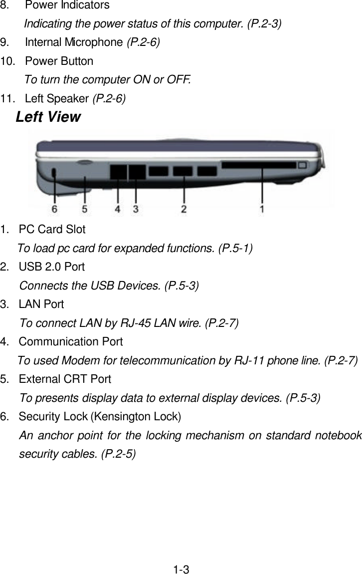  1-38. Power Indicators Indicating the power status of this computer. (P.2-3) 9. Internal Microphone (P.2-6) 10. Power Button To turn the computer ON or OFF. 11. Left Speaker (P.2-6) Left View  1. PC Card Slot    To load pc card for expanded functions. (P.5-1) 2. USB 2.0 Port Connects the USB Devices. (P.5-3) 3. LAN Port To connect LAN by RJ-45 LAN wire. (P.2-7) 4. Communication Port    To used Modem for telecommunication by RJ-11 phone line. (P.2-7) 5. External CRT Port To presents display data to external display devices. (P.5-3) 6. Security Lock (Kensington Lock) An anchor point for the locking mechanism on standard notebook security cables. (P.2-5)  