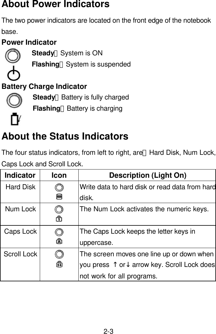  2-3About Power Indicators The two power indicators are located on the front edge of the notebook base. Power Indicator Steady：System is ON Flashing：System is suspended  Battery Charge Indicator Steady：Battery is fully charged Flashing：Battery is charging  About the Status Indicators The four status indicators, from left to right, are：Hard Disk, Num Lock, Caps Lock and Scroll Lock. Indicator Icon  Description (Light On) Hard Disk  Write data to hard disk or read data from hard disk.   Num Lock  The Num Lock activates the numeric keys.   Caps Lock  The Caps Lock keeps the letter keys in uppercase.   Scroll Lock  The screen moves one line up or down when you press ↑or↓arrow key. Scroll Lock does not work for all programs.    