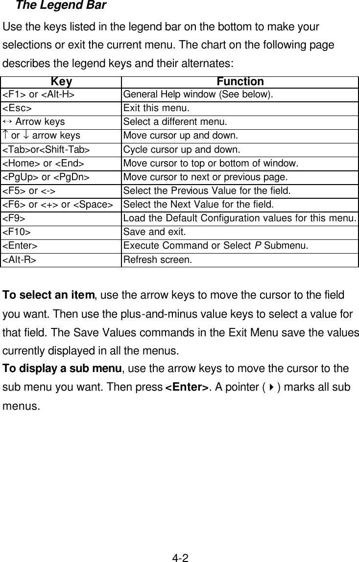  4-2The Legend Bar Use the keys listed in the legend bar on the bottom to make your selections or exit the current menu. The chart on the following page describes the legend keys and their alternates: Key Function &lt;F1&gt; or &lt;Alt-H&gt; General Help window (See below). &lt;Esc&gt; Exit this menu. Ö Arrow keys Select a different menu. ↑ or ↓ arrow keys Move cursor up and down. &lt;Tab&gt;or&lt;Shift-Tab&gt; Cycle cursor up and down. &lt;Home&gt; or &lt;End&gt; Move cursor to top or bottom of window. &lt;PgUp&gt; or &lt;PgDn&gt; Move cursor to next or previous page. &lt;F5&gt; or &lt;-&gt; Select the Previous Value for the field. &lt;F6&gt; or &lt;+&gt; or &lt;Space&gt; Select the Next Value for the field. &lt;F9&gt; Load the Default Configuration values for this menu.&lt;F10&gt; Save and exit. &lt;Enter&gt; Execute Command or Select P Submenu. &lt;Alt-R&gt; Refresh screen.  To select an item, use the arrow keys to move the cursor to the field you want. Then use the plus-and-minus value keys to select a value for that field. The Save Values commands in the Exit Menu save the values currently displayed in all the menus.   To display a sub menu, use the arrow keys to move the cursor to the sub menu you want. Then press &lt;Enter&gt;. A pointer (4) marks all sub menus.       