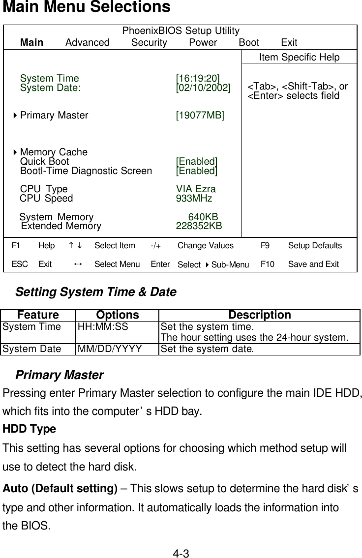  4-3Main Menu Selections PhoenixBIOS Setup Utility Main    Advanced    Security    Power    Boot    Exit    Item Specific Help                    &lt;Tab&gt;, &lt;Shift-Tab&gt;, or &lt;Enter&gt; selects field                                                     Setting System Time &amp; Date Feature Options Description System Time   HH:MM:SS Set the system time. The hour setting uses the 24-hour system. System Date MM/DD/YYYY Set the system date. Primary Master Pressing enter Primary Master selection to configure the main IDE HDD, which fits into the computer’s HDD bay. HDD Type This setting has several options for choosing which method setup will use to detect the hard disk.   Auto (Default setting) – This slows setup to determine the hard disk’s type and other information. It automatically loads the information into the BIOS. [16:19:20] [02/10/2002]   [19077MB]     [Enabled] [Enabled]  VIA Ezra 933MHz    640KB 228352KB System Time System Date:     4Primary Master    4Memory Cache Quick Boot Bootl-Time Diagnostic Screen  CPU Type                                               CPU Speed    System Memory   Extended Memory  F1 ESC Help Exit ↑↓ Ö -/+ Enter Change Values Select 4Sub-Menu F9 F10 Setup Defaults Save and Exit  Select Item Select Menu 