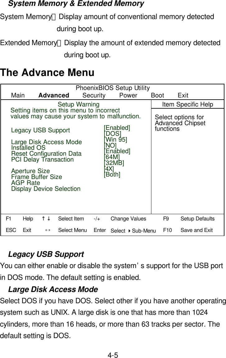  4-5System Memory &amp; Extended Memory System Memory：Display amount of conventional memory detected during boot up. Extended Memory：Display the amount of extended memory detected during boot up. The Advance Menu PhoenixBIOS Setup Utility Main    Advanced    Security    Power    Boot    Exit    Item Specific Help                    Select options for Advanced Chipset functions                                                      Legacy USB Support You can either enable or disable the system’s support for the USB port in DOS mode. The default setting is enabled. Large Disk Access Mode Select DOS if you have DOS. Select other if you have another operating system such as UNIX. A large disk is one that has more than 1024 cylinders, more than 16 heads, or more than 63 tracks per sector. The default setting is DOS. [Enabled] [DOS] [Win 95] [NO] [Enabled] [64M] [32MB] [4X] [Both]   Legacy USB Support  Large Disk Access Mode Installed OS Reset Configuration Data PCI Delay Transaction  Aperture Size Frame Buffer Size AGP Rate Display Device Selection  F1 ESC Help Exit ↑↓ Ö -/+ Enter Change Values Select 4Sub-Menu F9 F10 Setup Defaults Save and Exit  Select Item Select Menu Setup Warning Setting items on this menu to incorrect   values may cause your system to malfunction. 