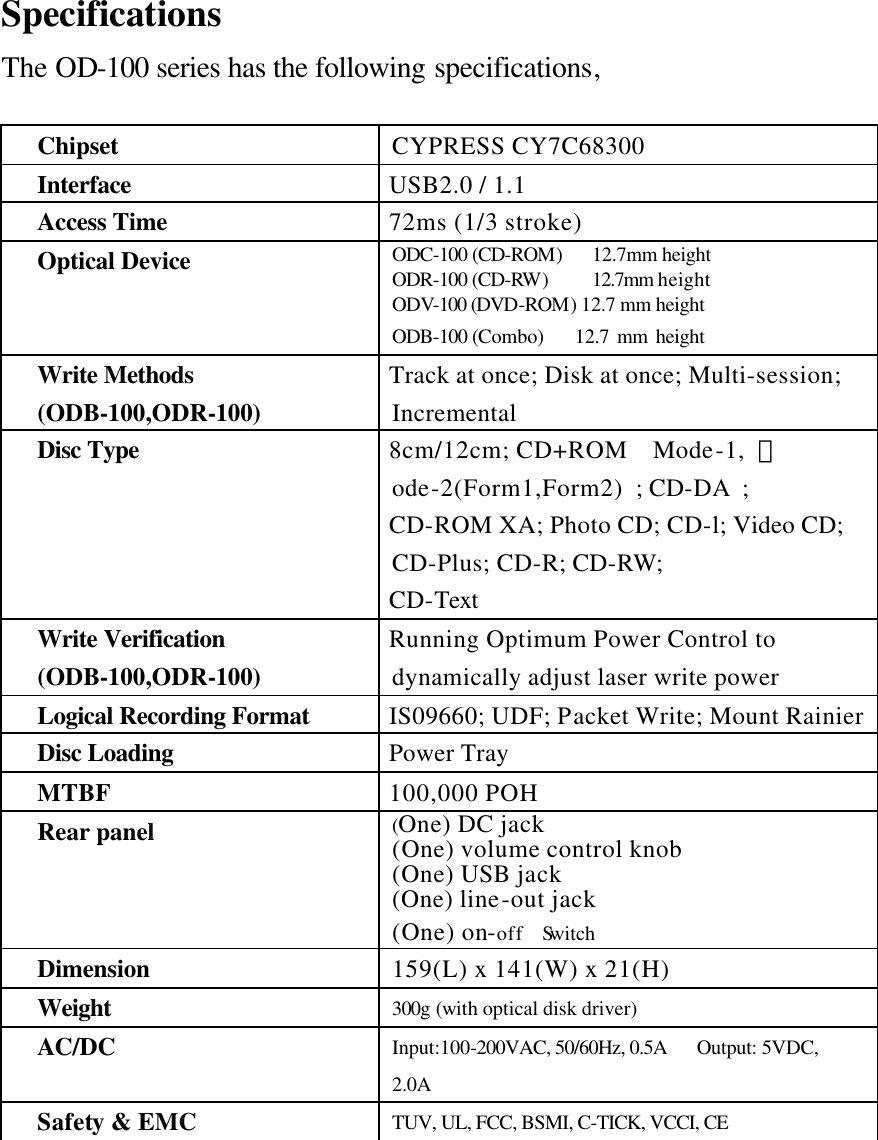 Specifications The OD-100 series has the following specifications,    Chipset CYPRESS CY7C68300 Interface USB2.0 / 1.1 Access Time 72ms (1/3 stroke) Optical Device ODC-100 (CD-ROM) 12.7mm height ODR-100 (CD-RW )    12.7mm height ODV-100 (DVD-ROM) 12.7 mm height ODB-100 (Combo)    12.7 mm height Write Methods (ODB-100,ODR-100) Track at once; Disk at once; Multi-session; Incremental Disc Type 8cm/12cm; CD+ROM Mode-1,  Ｍode-2(Form1,Form2) ; CD-DA ; CD-ROM XA; Photo CD; CD-l; Video CD; CD-Plus; CD-R; CD-RW; CD-Text Write Verification  (ODB-100,ODR-100) Running Optimum Power Control to dynamically adjust laser write power Logical Recording Format IS09660; UDF; Packet Write; Mount Rainier Disc Loading Power Tray MTBF 100,000 POH Rear panel  (One) DC jack (One) volume control knob (One) USB jack (One) line-out jack (One) on-off  Switch Dimension 159(L) x 141(W) x 21(H) Weight 300g (with optical disk driver) AC/DC Input:100-200VAC, 50/60Hz, 0.5A   Output: 5VDC, 2.0A   Safety &amp; EMC TUV, UL, FCC, BSMI, C-TICK, VCCI, CE     