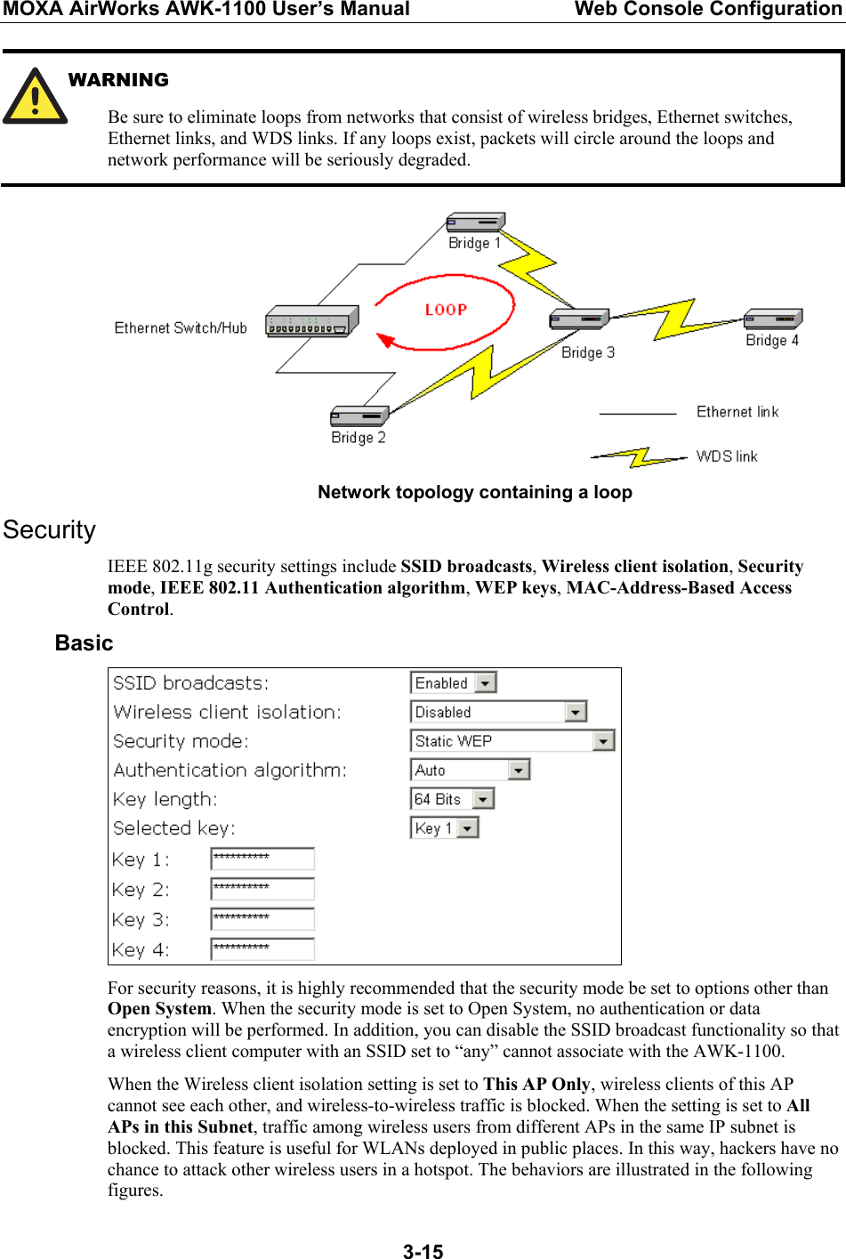 MOXA AirWorks AWK-1100 User’s Manual  Web Console Configuration  3-15 WARNING Be sure to eliminate loops from networks that consist of wireless bridges, Ethernet switches, Ethernet links, and WDS links. If any loops exist, packets will circle around the loops and network performance will be seriously degraded.  Network topology containing a loop Security IEEE 802.11g security settings include SSID broadcasts, Wireless client isolation, Security mode, IEEE 802.11 Authentication algorithm, WEP keys, MAC-Address-Based Access Control. Basic  For security reasons, it is highly recommended that the security mode be set to options other than Open System. When the security mode is set to Open System, no authentication or data encryption will be performed. In addition, you can disable the SSID broadcast functionality so that a wireless client computer with an SSID set to “any” cannot associate with the AWK-1100. When the Wireless client isolation setting is set to This AP Only, wireless clients of this AP cannot see each other, and wireless-to-wireless traffic is blocked. When the setting is set to All APs in this Subnet, traffic among wireless users from different APs in the same IP subnet is blocked. This feature is useful for WLANs deployed in public places. In this way, hackers have no chance to attack other wireless users in a hotspot. The behaviors are illustrated in the following figures. 