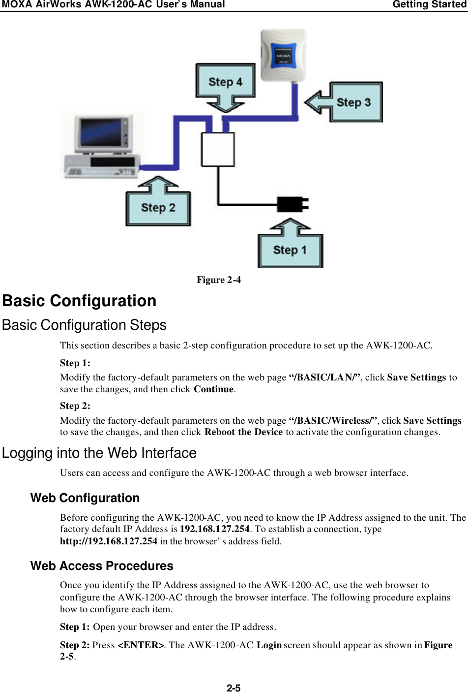 MOXA AirWorks AWK-1200-AC User’s Manual Getting Started  2-5  Figure 2-4 Basic Configuration Basic Configuration Steps This section describes a basic 2-step configuration procedure to set up the AWK-1200-AC. Step 1: Modify the factory-default parameters on the web page “/BASIC/LAN/”, click Save Settings to save the changes, and then click Continue. Step 2: Modify the factory-default parameters on the web page “/BASIC/Wireless/”, click Save Settings to save the changes, and then click Reboot the Device to activate the configuration changes. Logging into the Web Interface Users can access and configure the AWK-1200-AC through a web browser interface. Web Configuration Before configuring the AWK-1200-AC, you need to know the IP Address assigned to the unit. The factory default IP Address is 192.168.127.254. To establish a connection, type http://192.168.127.254 in the browser’s address field. Web Access Procedures Once you identify the IP Address assigned to the AWK-1200-AC, use the web browser to configure the AWK-1200-AC through the browser interface. The following procedure explains how to configure each item. Step 1: Open your browser and enter the IP address. Step 2: Press &lt;ENTER&gt;. The AWK-1200-AC Login screen should appear as shown in Figure 2-5. 