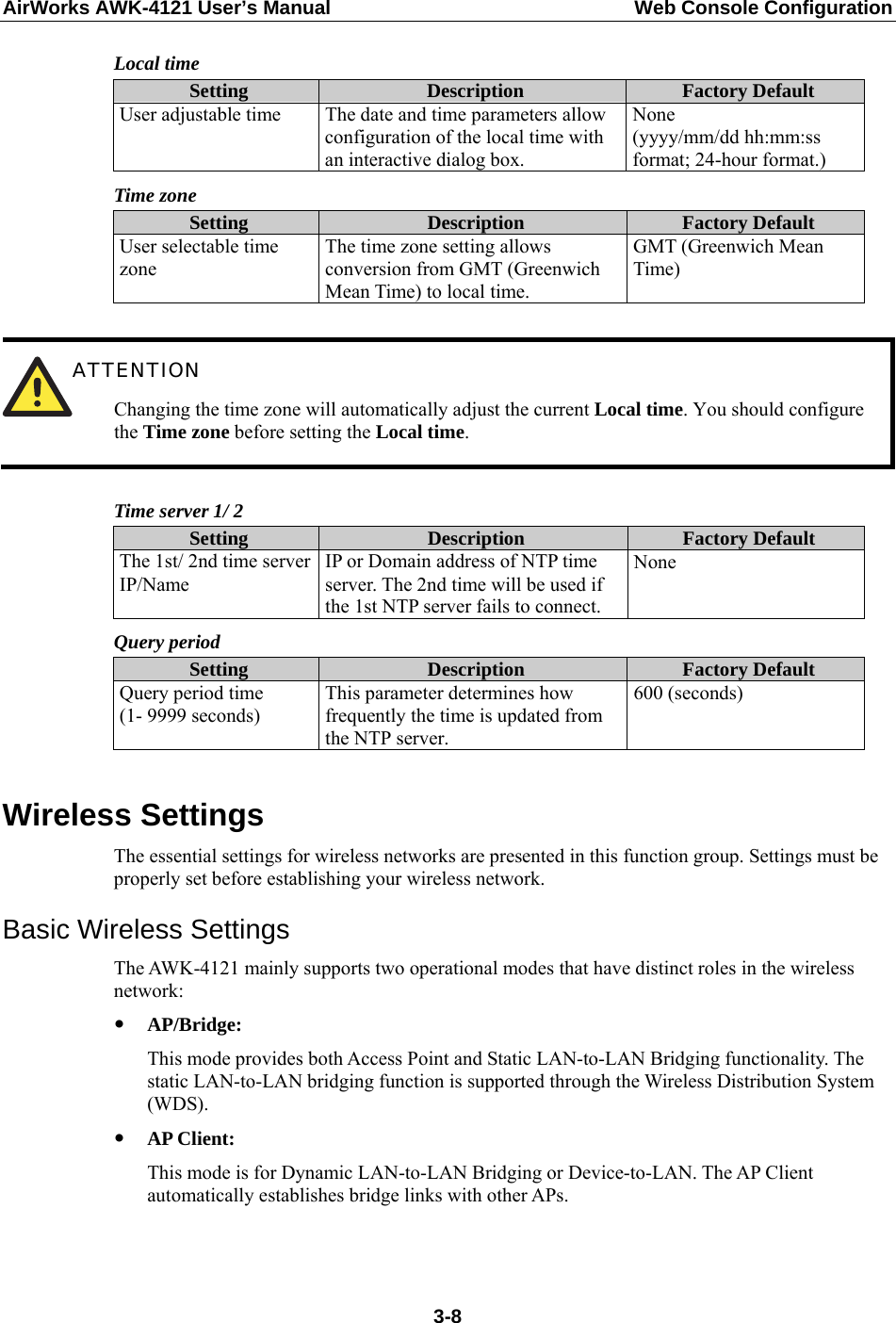 AirWorks AWK-4121 User’s Manual  Web Console Configuration Local time Setting  Description  Factory Default User adjustable time  The date and time parameters allow configuration of the local time with an interactive dialog box. None  (yyyy/mm/dd hh:mm:ss format; 24-hour format.) Time zone Setting  Description  Factory Default User selectable time zone The time zone setting allows conversion from GMT (Greenwich Mean Time) to local time. GMT (Greenwich Mean Time)   ATTENTION Changing the time zone will automatically adjust the current Local time. You should configure the Time zone before setting the Local time.  Time server 1/ 2 Setting  Description  Factory Default The 1st/ 2nd time server IP/Name IP or Domain address of NTP time server. The 2nd time will be used if the 1st NTP server fails to connect. None  Query period Setting  Description  Factory Default Query period time (1- 9999 seconds) This parameter determines how frequently the time is updated from the NTP server. 600 (seconds)  Wireless Settings The essential settings for wireless networks are presented in this function group. Settings must be properly set before establishing your wireless network. Basic Wireless Settings The AWK-4121 mainly supports two operational modes that have distinct roles in the wireless network: y AP/Bridge: This mode provides both Access Point and Static LAN-to-LAN Bridging functionality. The static LAN-to-LAN bridging function is supported through the Wireless Distribution System (WDS). y AP Client: This mode is for Dynamic LAN-to-LAN Bridging or Device-to-LAN. The AP Client automatically establishes bridge links with other APs.    3-8