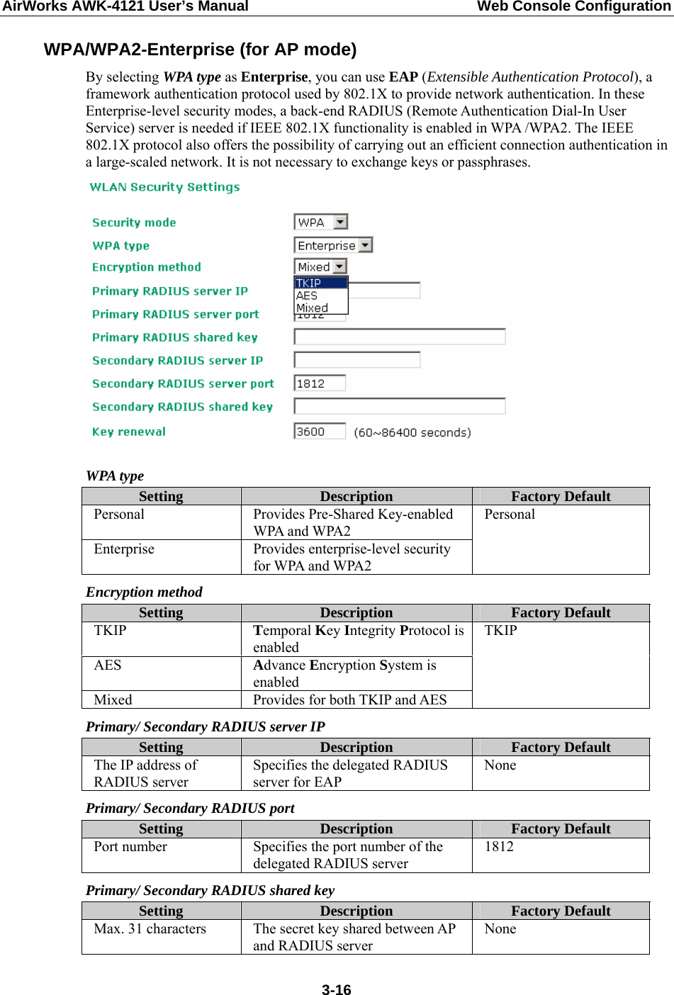 AirWorks AWK-4121 User’s Manual  Web Console Configuration WPA/WPA2-Enterprise (for AP mode) By selecting WPA type as Enterprise, you can use EAP (Extensible Authentication Protocol), a framework authentication protocol used by 802.1X to provide network authentication. In these Enterprise-level security modes, a back-end RADIUS (Remote Authentication Dial-In User Service) server is needed if IEEE 802.1X functionality is enabled in WPA /WPA2. The IEEE 802.1X protocol also offers the possibility of carrying out an efficient connection authentication in a large-scaled network. It is not necessary to exchange keys or passphrases.  WPA type Setting  Description  Factory Default Personal Provides Pre-Shared Key-enabled WPA and WPA2 Enterprise  Provides enterprise-level security for WPA and WPA2 Personal Encryption method Setting  Description  Factory Default TKIP  Temporal Key Integrity Protocol is enabled AES  Advance Encryption System is enabled Mixed  Provides for both TKIP and AES TKIP Primary/ Secondary RADIUS server IP Setting  Description  Factory Default The IP address of RADIUS server Specifies the delegated RADIUS server for EAP None Primary/ Secondary RADIUS port Setting  Description  Factory Default Port number  Specifies the port number of the delegated RADIUS server 1812 Primary/ Secondary RADIUS shared key Setting  Description  Factory Default Max. 31 characters  The secret key shared between AP and RADIUS server None  3-16