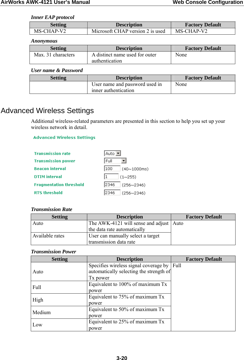 AirWorks AWK-4121 User’s Manual  Web Console Configuration Inner EAP protocol Setting  Description  Factory Default MS-CHAP-V2  Microsoft CHAP version 2 is used  MS-CHAP-V2 Anonymous Setting  Description  Factory Default Max. 31 characters  A distinct name used for outer authentication None User name &amp; Password Setting  Description  Factory Default   User name and password used in inner authentication None  Advanced Wireless Settings Additional wireless-related parameters are presented in this section to help you set up your wireless network in detail.  Transmission Rate Setting  Description  Factory Default Auto  The AWK-4121 will sense and adjust the data rate automatically Available rates  User can manually select a target transmission data rate Auto Transmission Power Setting  Description  Factory Default Auto Specifies wireless signal coverage by automatically selecting the strength of Tx power   Full  Equivalent to 100% of maximum Tx power  High  Equivalent to 75% of maximum Tx power Medium  Equivalent to 50% of maximum Tx power Low  Equivalent to 25% of maximum Tx power Full   3-20