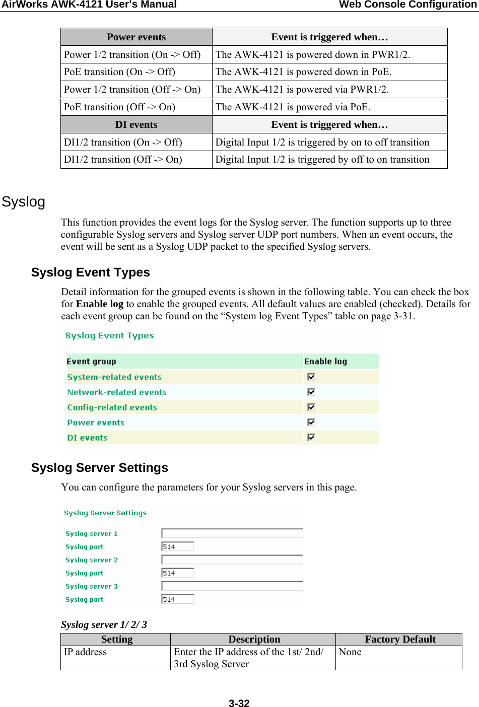 AirWorks AWK-4121 User’s Manual  Web Console Configuration Power events  Event is triggered when…   Power 1/2 transition (On -&gt; Off)  The AWK-4121 is powered down in PWR1/2.   PoE transition (On -&gt; Off)    The AWK-4121 is powered down in PoE.   Power 1/2 transition (Off -&gt; On)  The AWK-4121 is powered via PWR1/2. PoE transition (Off -&gt; On)  The AWK-4121 is powered via PoE. DI events  Event is triggered when…   DI1/2 transition (On -&gt; Off)  Digital Input 1/2 is triggered by on to off transition DI1/2 transition (Off -&gt; On)  Digital Input 1/2 is triggered by off to on transition  Syslog This function provides the event logs for the Syslog server. The function supports up to three configurable Syslog servers and Syslog server UDP port numbers. When an event occurs, the event will be sent as a Syslog UDP packet to the specified Syslog servers. Syslog Event Types Detail information for the grouped events is shown in the following table. You can check the box for Enable log to enable the grouped events. All default values are enabled (checked). Details for each event group can be found on the “System log Event Types” table on page 3-31.  Syslog Server Settings You can configure the parameters for your Syslog servers in this page.   Syslog server 1/ 2/ 3 Setting  Description  Factory Default IP address  Enter the IP address of the 1st/ 2nd/ 3rd Syslog Server None  3-32