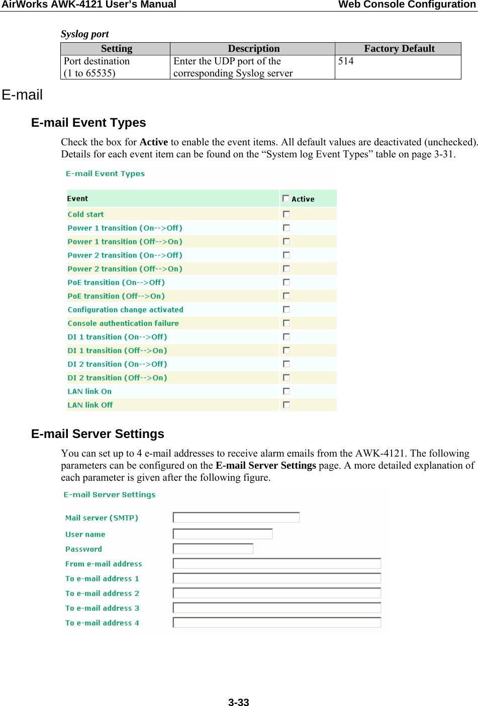 AirWorks AWK-4121 User’s Manual  Web Console Configuration Syslog port Setting  Description  Factory Default Port destination   (1 to 65535) Enter the UDP port of the corresponding Syslog server 514 E-mail E-mail Event Types Check the box for Active to enable the event items. All default values are deactivated (unchecked). Details for each event item can be found on the “System log Event Types” table on page 3-31.  E-mail Server Settings You can set up to 4 e-mail addresses to receive alarm emails from the AWK-4121. The following parameters can be configured on the E-mail Server Settings page. A more detailed explanation of each parameter is given after the following figure.       3-33