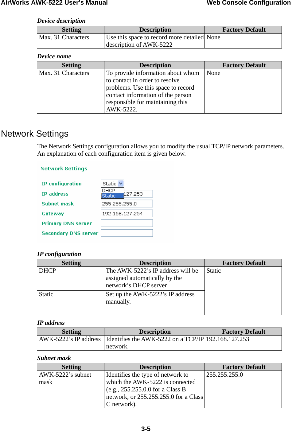 AirWorks AWK-5222 User’s Manual  Web Console Configuration  3-5Device description Setting  Description  Factory Default Max. 31 Characters  Use this space to record more detaileddescription of AWK-5222  None Device name Setting  Description  Factory Default Max. 31 Characters  To provide information about whom to contact in order to resolve problems. Use this space to record contact information of the person responsible for maintaining this AWK-5222. None  Network Settings The Network Settings configuration allows you to modify the usual TCP/IP network parameters. An explanation of each configuration item is given below.  IP configuration Setting  Description  Factory Default DHCP  The AWK-5222’s IP address will be assigned automatically by the network’s DHCP server Static  Set up the AWK-5222’s IP address manually. Static IP address Setting  Description  Factory Default AWK-5222’s IP address  Identifies the AWK-5222 on a TCP/IP network.  192.168.127.253 Subnet mask Setting  Description  Factory Default AWK-5222’s subnet mask  Identifies the type of network to which the AWK-5222 is connected (e.g., 255.255.0.0 for a Class B network, or 255.255.255.0 for a ClassC network). 255.255.255.0 