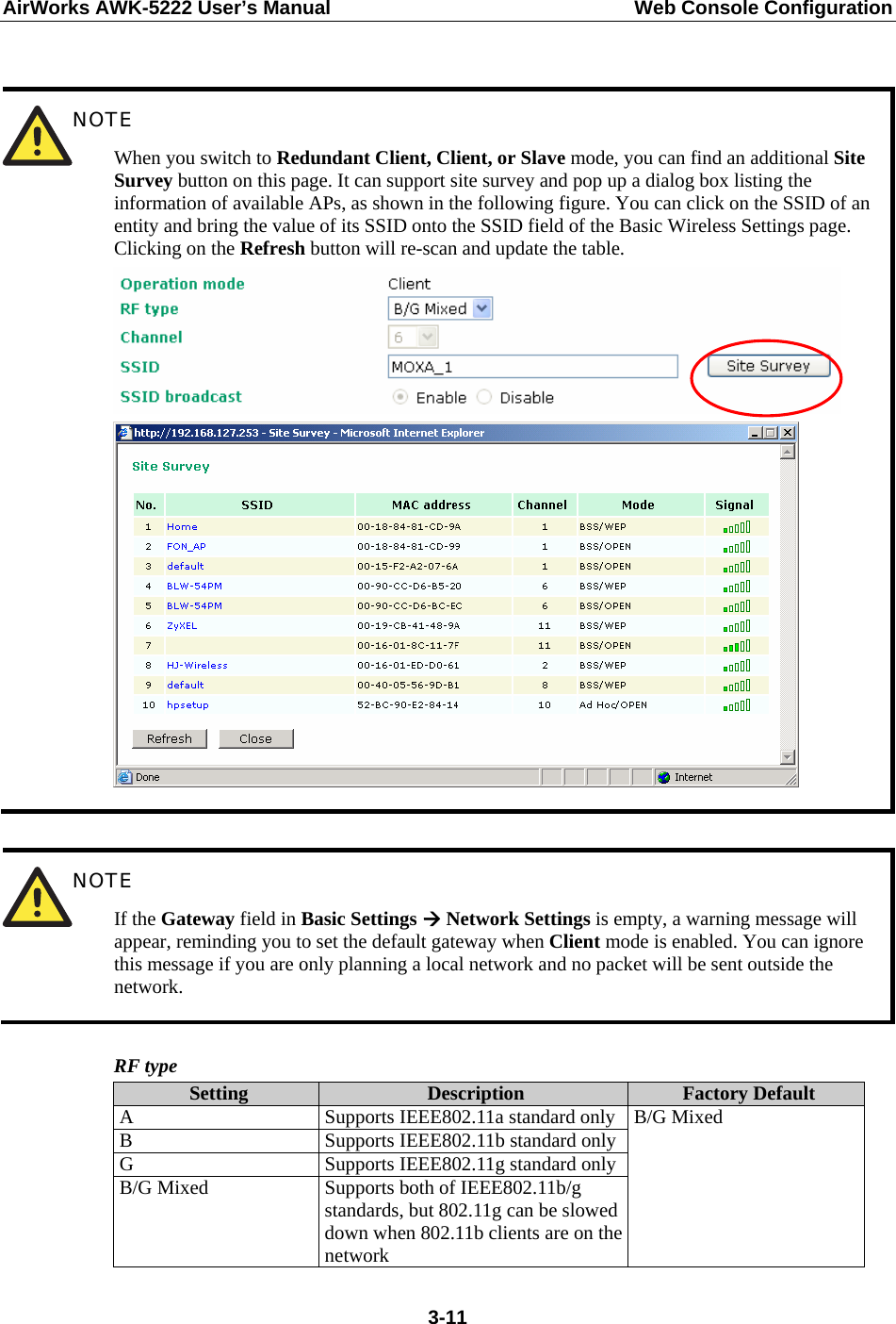 AirWorks AWK-5222 User’s Manual  Web Console Configuration  3-11  NOTE When you switch to Redundant Client, Client, or Slave mode, you can find an additional Site Survey button on this page. It can support site survey and pop up a dialog box listing the information of available APs, as shown in the following figure. You can click on the SSID of an entity and bring the value of its SSID onto the SSID field of the Basic Wireless Settings page. Clicking on the Refresh button will re-scan and update the table.     NOTE If the Gateway field in Basic Settings Æ Network Settings is empty, a warning message will appear, reminding you to set the default gateway when Client mode is enabled. You can ignore this message if you are only planning a local network and no packet will be sent outside the network.  RF type Setting  Description  Factory Default A  Supports IEEE802.11a standard onlyB  Supports IEEE802.11b standard onlyG  Supports IEEE802.11g standard onlyB/G Mixed  Supports both of IEEE802.11b/g standards, but 802.11g can be slowed down when 802.11b clients are on the network B/G Mixed   