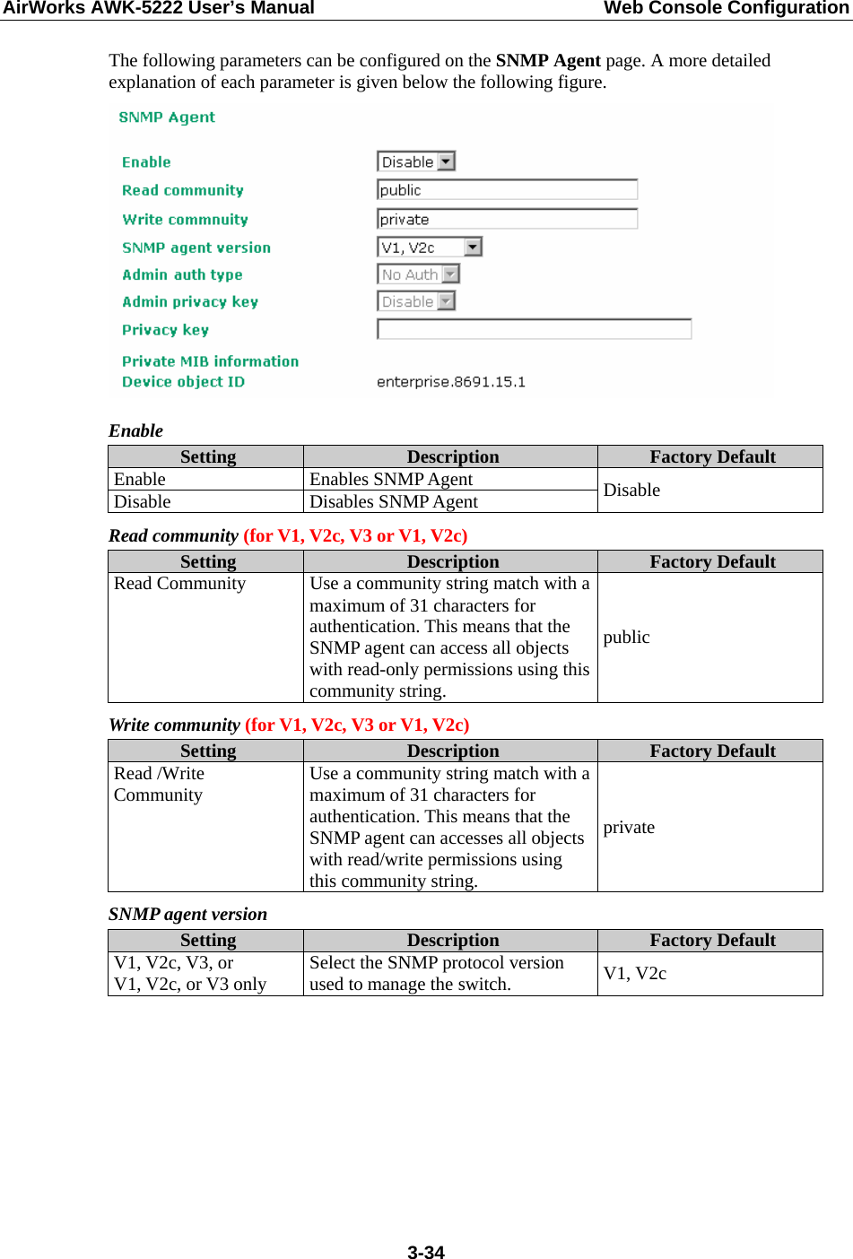 AirWorks AWK-5222 User’s Manual  Web Console Configuration  3-34The following parameters can be configured on the SNMP Agent page. A more detailed explanation of each parameter is given below the following figure.  Enable Setting  Description  Factory Default Enable Enables SNMP Agent Disable Disables SNMP Agent Disable Read community (for V1, V2c, V3 or V1, V2c) Setting  Description  Factory Default Read Community  Use a community string match with a maximum of 31 characters for authentication. This means that the SNMP agent can access all objects with read-only permissions using this community string. public Write community (for V1, V2c, V3 or V1, V2c) Setting  Description  Factory Default Read /Write Community  Use a community string match with a maximum of 31 characters for authentication. This means that the SNMP agent can accesses all objects with read/write permissions using this community string. private SNMP agent version Setting  Description  Factory Default V1, V2c, V3, or   V1, V2c, or V3 only  Select the SNMP protocol version used to manage the switch.  V1, V2c       