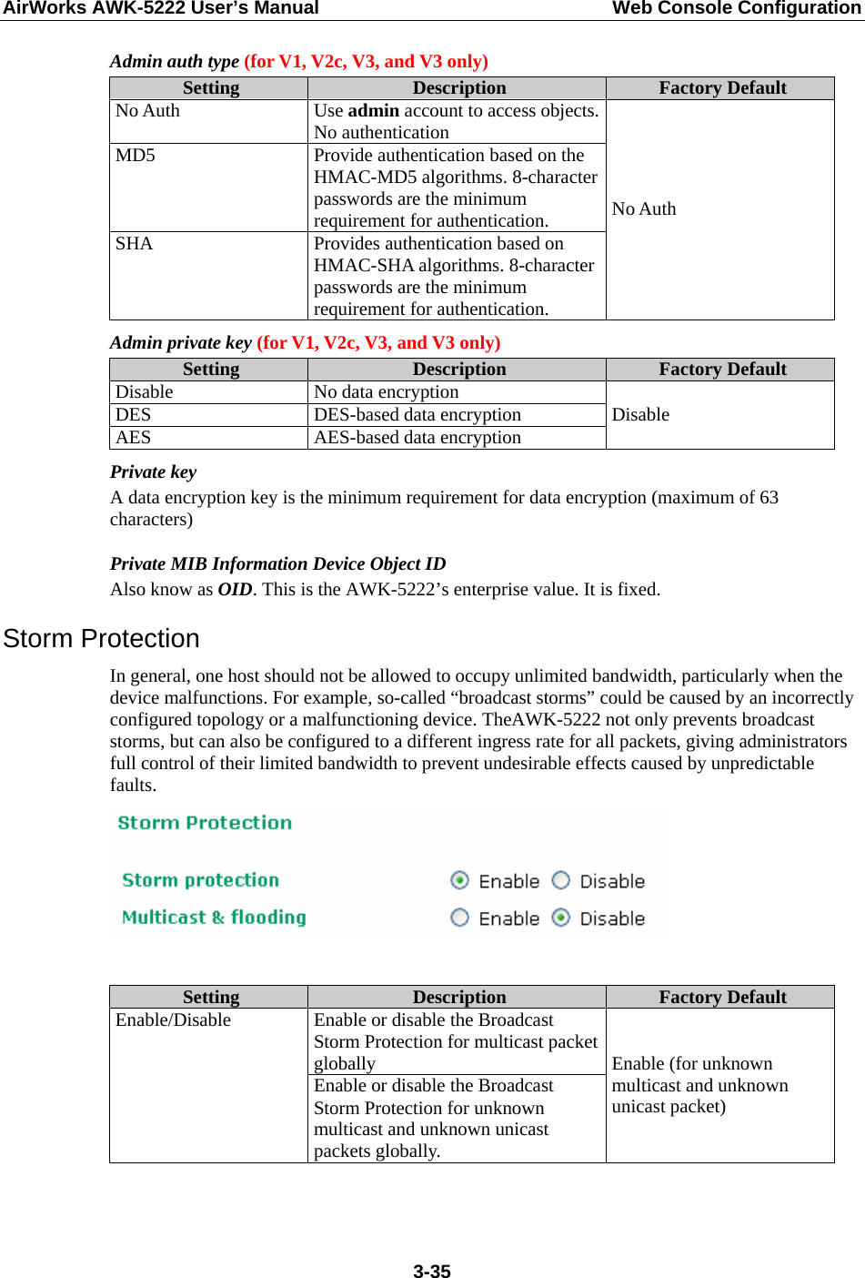 AirWorks AWK-5222 User’s Manual  Web Console Configuration  3-35Admin auth type (for V1, V2c, V3, and V3 only) Setting  Description  Factory Default No Auth  Use admin account to access objects. No authentication MD5  Provide authentication based on the HMAC-MD5 algorithms. 8-character passwords are the minimum requirement for authentication. SHA  Provides authentication based on HMAC-SHA algorithms. 8-character passwords are the minimum requirement for authentication. No Auth Admin private key (for V1, V2c, V3, and V3 only) Setting  Description  Factory Default Disable  No data encryption DES  DES-based data encryption AES  AES-based data encryption  Disable Private key A data encryption key is the minimum requirement for data encryption (maximum of 63 characters) Private MIB Information Device Object ID Also know as OID. This is the AWK-5222’s enterprise value. It is fixed. Storm Protection In general, one host should not be allowed to occupy unlimited bandwidth, particularly when the device malfunctions. For example, so-called “broadcast storms” could be caused by an incorrectly configured topology or a malfunctioning device. TheAWK-5222 not only prevents broadcast storms, but can also be configured to a different ingress rate for all packets, giving administrators full control of their limited bandwidth to prevent undesirable effects caused by unpredictable faults.   Setting  Description  Factory Default Enable or disable the Broadcast Storm Protection for multicast packet globally Enable/Disable Enable or disable the Broadcast Storm Protection for unknown multicast and unknown unicast packets globally. Enable (for unknown multicast and unknown unicast packet)   