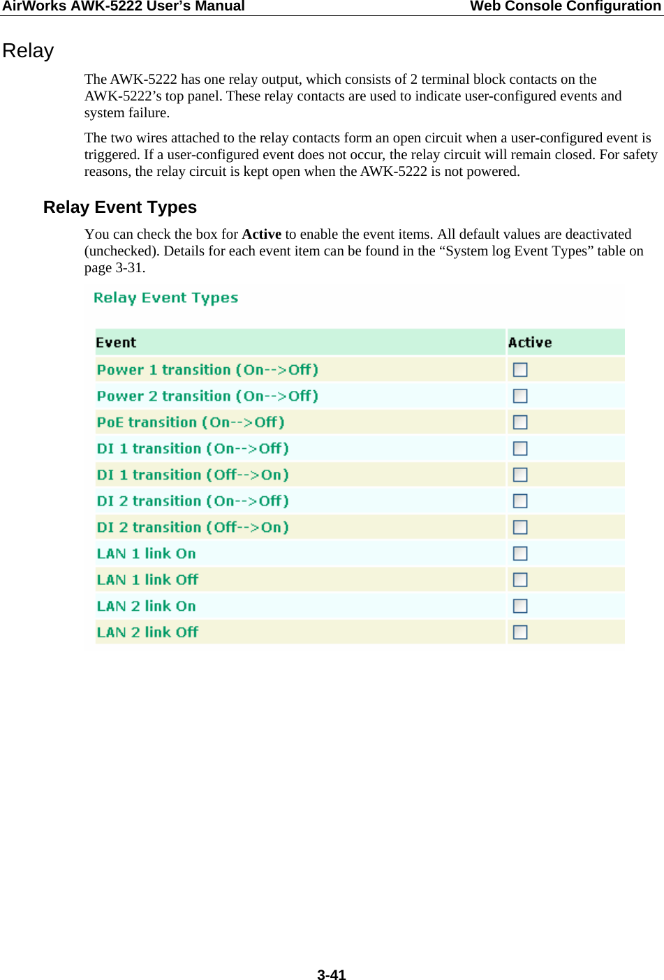 AirWorks AWK-5222 User’s Manual  Web Console Configuration  3-41Relay The AWK-5222 has one relay output, which consists of 2 terminal block contacts on the AWK-5222’s top panel. These relay contacts are used to indicate user-configured events and system failure.   The two wires attached to the relay contacts form an open circuit when a user-configured event is triggered. If a user-configured event does not occur, the relay circuit will remain closed. For safety reasons, the relay circuit is kept open when the AWK-5222 is not powered. Relay Event Types You can check the box for Active to enable the event items. All default values are deactivated (unchecked). Details for each event item can be found in the “System log Event Types” table on page 3-31.             
