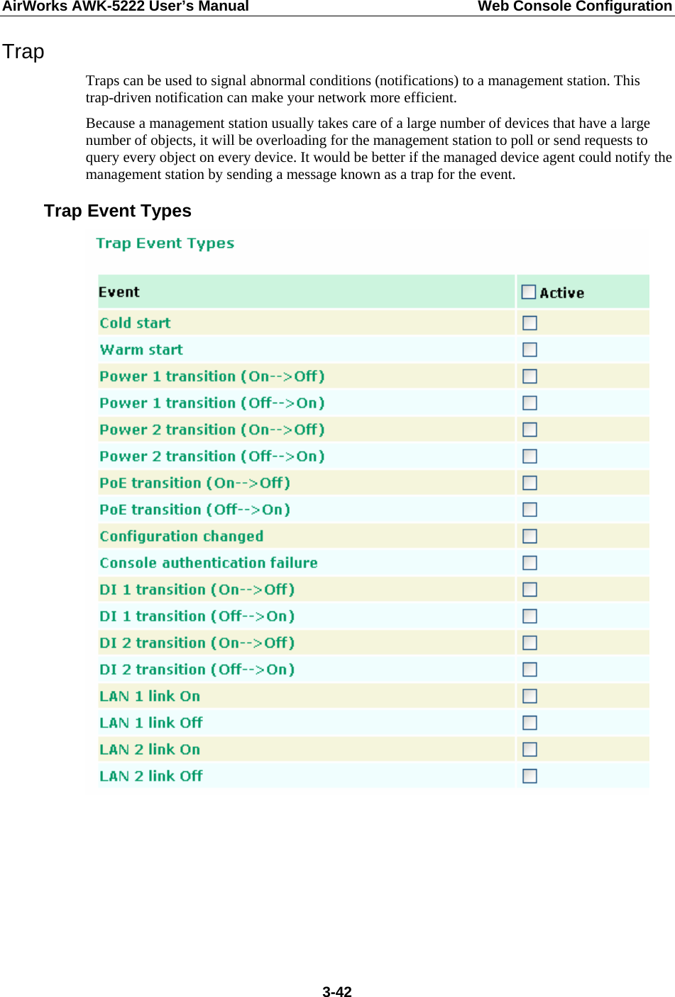 AirWorks AWK-5222 User’s Manual  Web Console Configuration  3-42Trap Traps can be used to signal abnormal conditions (notifications) to a management station. This trap-driven notification can make your network more efficient. Because a management station usually takes care of a large number of devices that have a large number of objects, it will be overloading for the management station to poll or send requests to query every object on every device. It would be better if the managed device agent could notify the management station by sending a message known as a trap for the event. Trap Event Types        