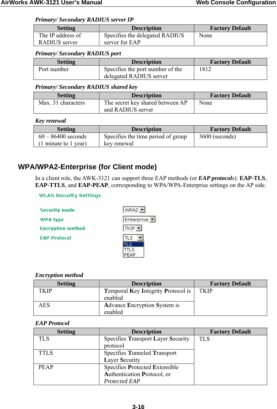 AirWorks AWK-3121 User’s Manual  Web Console Configuration Primary/ Secondary RADIUS server IP Setting  Description  Factory Default The IP address of RADIUS server Specifies the delegated RADIUS server for EAP None Primary/ Secondary RADIUS port Setting  Description  Factory Default Port number  Specifies the port number of the delegated RADIUS server 1812 Primary/ Secondary RADIUS shared key Setting  Description  Factory Default Max. 31 characters  The secret key shared between AP and RADIUS server None Key renewal Setting  Description  Factory Default 60 – 86400 seconds (1 minute to 1 year) Specifies the time period of group key renewal 3600 (seconds)  WPA/WPA2-Enterprise (for Client mode) In a client role, the AWK-3121 can support three EAP methods (or EAP protocols): EAP-TLS, EAP-TTLS, and EAP-PEAP, corresponding to WPA/WPA-Enterprise settings on the AP side.  Encryption method Setting  Description  Factory Default TKIP  Temporal Key Integrity Protocol is enabled AES  Advance Encryption System is enabled TKIP EAP Protocol Setting  Description  Factory Default TLS Specifies Transport Layer Security protocol TTLS Specifies Tunneled Transport Layer Security PEAP Specifies Protected Extensible Authentication Protocol, or Protected EAP TLS   3-16