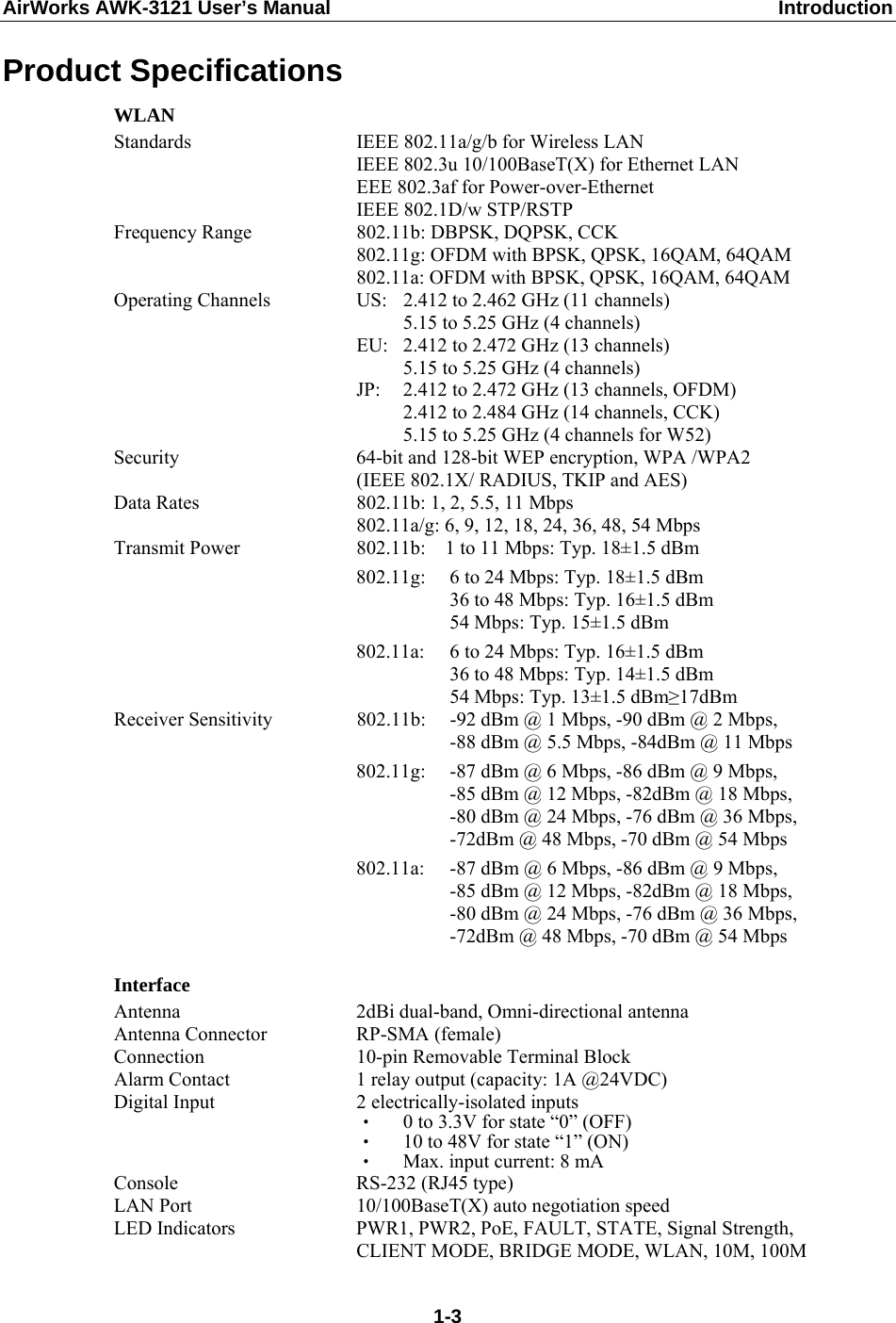 AirWorks AWK-3121 User’s Manual  Introduction Product Specifications WLAN Standards  IEEE 802.11a/g/b for Wireless LAN IEEE 802.3u 10/100BaseT(X) for Ethernet LAN EEE 802.3af for Power-over-Ethernet IEEE 802.1D/w STP/RSTP Frequency Range  802.11b: DBPSK, DQPSK, CCK 802.11g: OFDM with BPSK, QPSK, 16QAM, 64QAM 802.11a: OFDM with BPSK, QPSK, 16QAM, 64QAM Operating Channels  US:  2.412 to 2.462 GHz (11 channels)   5.15 to 5.25 GHz (4 channels) EU:  2.412 to 2.472 GHz (13 channels)   5.15 to 5.25 GHz (4 channels) JP:  2.412 to 2.472 GHz (13 channels, OFDM)   2.412 to 2.484 GHz (14 channels, CCK)   5.15 to 5.25 GHz (4 channels for W52) Security 64-bit and 128-bit WEP encryption, WPA /WPA2 (IEEE 802.1X/ RADIUS, TKIP and AES) Data Rates  802.11b: 1, 2, 5.5, 11 Mbps 802.11a/g: 6, 9, 12, 18, 24, 36, 48, 54 Mbps Transmit Power  802.11b:    1 to 11 Mbps: Typ. 18±1.5 dBm  802.11g:    6 to 24 Mbps: Typ. 18±1.5 dBm     36 to 48 Mbps: Typ. 16±1.5 dBm     54 Mbps: Typ. 15±1.5 dBm  802.11a:    6 to 24 Mbps: Typ. 16±1.5 dBm     36 to 48 Mbps: Typ. 14±1.5 dBm     54 Mbps: Typ. 13±1.5 dBm≥17dBm Receiver Sensitivity  802.11b:    -92 dBm @ 1 Mbps, -90 dBm @ 2 Mbps,     -88 dBm @ 5.5 Mbps, -84dBm @ 11 Mbps  802.11g:  -87 dBm @ 6 Mbps, -86 dBm @ 9 Mbps,     -85 dBm @ 12 Mbps, -82dBm @ 18 Mbps,     -80 dBm @ 24 Mbps, -76 dBm @ 36 Mbps,     -72dBm @ 48 Mbps, -70 dBm @ 54 Mbps  802.11a:  -87 dBm @ 6 Mbps, -86 dBm @ 9 Mbps,     -85 dBm @ 12 Mbps, -82dBm @ 18 Mbps,     -80 dBm @ 24 Mbps, -76 dBm @ 36 Mbps,     -72dBm @ 48 Mbps, -70 dBm @ 54 Mbps   Interface Antenna  2dBi dual-band, Omni-directional antenna Antenna Connector  RP-SMA (female) Connection  10-pin Removable Terminal Block Alarm Contact  1 relay output (capacity: 1A @24VDC) Digital Input  2 electrically-isolated inputs ‧  0 to 3.3V for state “0” (OFF) ‧  10 to 48V for state “1” (ON) ‧  Max. input current: 8 mA Console  RS-232 (RJ45 type) LAN Port  10/100BaseT(X) auto negotiation speed LED Indicators  PWR1, PWR2, PoE, FAULT, STATE, Signal Strength,   CLIENT MODE, BRIDGE MODE, WLAN, 10M, 100M  1-3