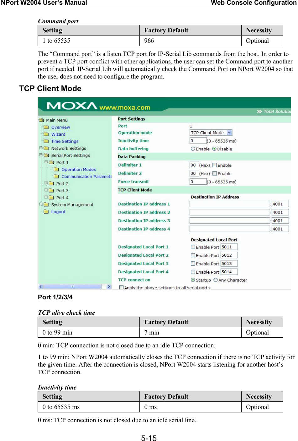 NPort W2004 User’s Manual  Web Console Configuration  5-15Command port Setting  Factory Default  Necessity 1 to 65535  966  Optional The “Command port” is a listen TCP port for IP-Serial Lib commands from the host. In order to prevent a TCP port conflict with other applications, the user can set the Command port to another port if needed. IP-Serial Lib will automatically check the Command Port on NPort W2004 so that the user does not need to configure the program. TCP Client Mode  Port 1/2/3/4 TCP alive check time Setting  Factory Default  Necessity 0 to 99 min  7 min  Optional 0 min: TCP connection is not closed due to an idle TCP connection. 1 to 99 min: NPort W2004 automatically closes the TCP connection if there is no TCP activity for the given time. After the connection is closed, NPort W2004 starts listening for another host’s TCP connection. Inactivity time Setting  Factory Default  Necessity 0 to 65535 ms  0 ms  Optional 0 ms: TCP connection is not closed due to an idle serial line. 