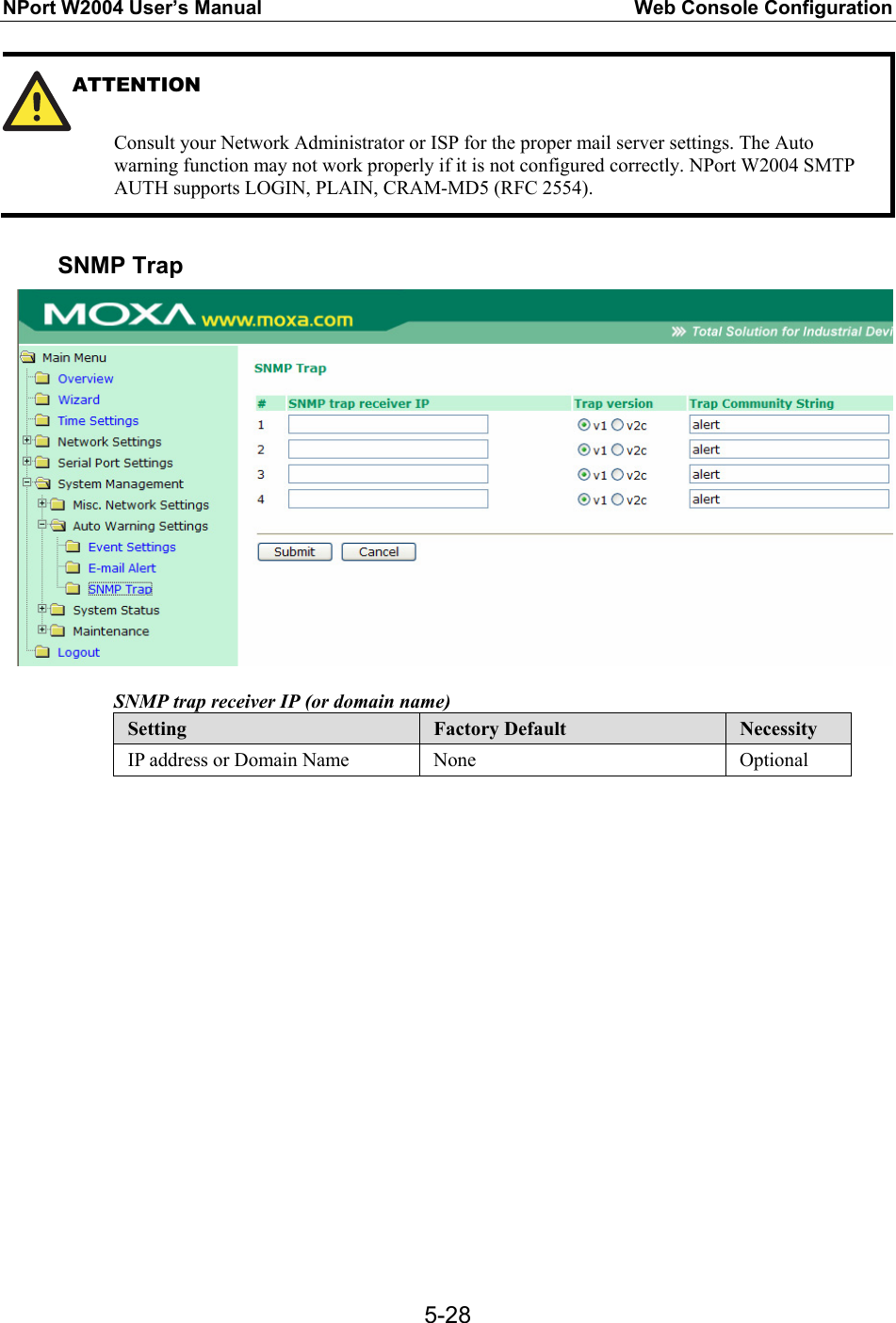 NPort W2004 User’s Manual  Web Console Configuration  5-28ATTENTION   Consult your Network Administrator or ISP for the proper mail server settings. The Auto warning function may not work properly if it is not configured correctly. NPort W2004 SMTP AUTH supports LOGIN, PLAIN, CRAM-MD5 (RFC 2554).  SNMP Trap  SNMP trap receiver IP (or domain name) Setting  Factory Default  Necessity IP address or Domain Name  None  Optional              