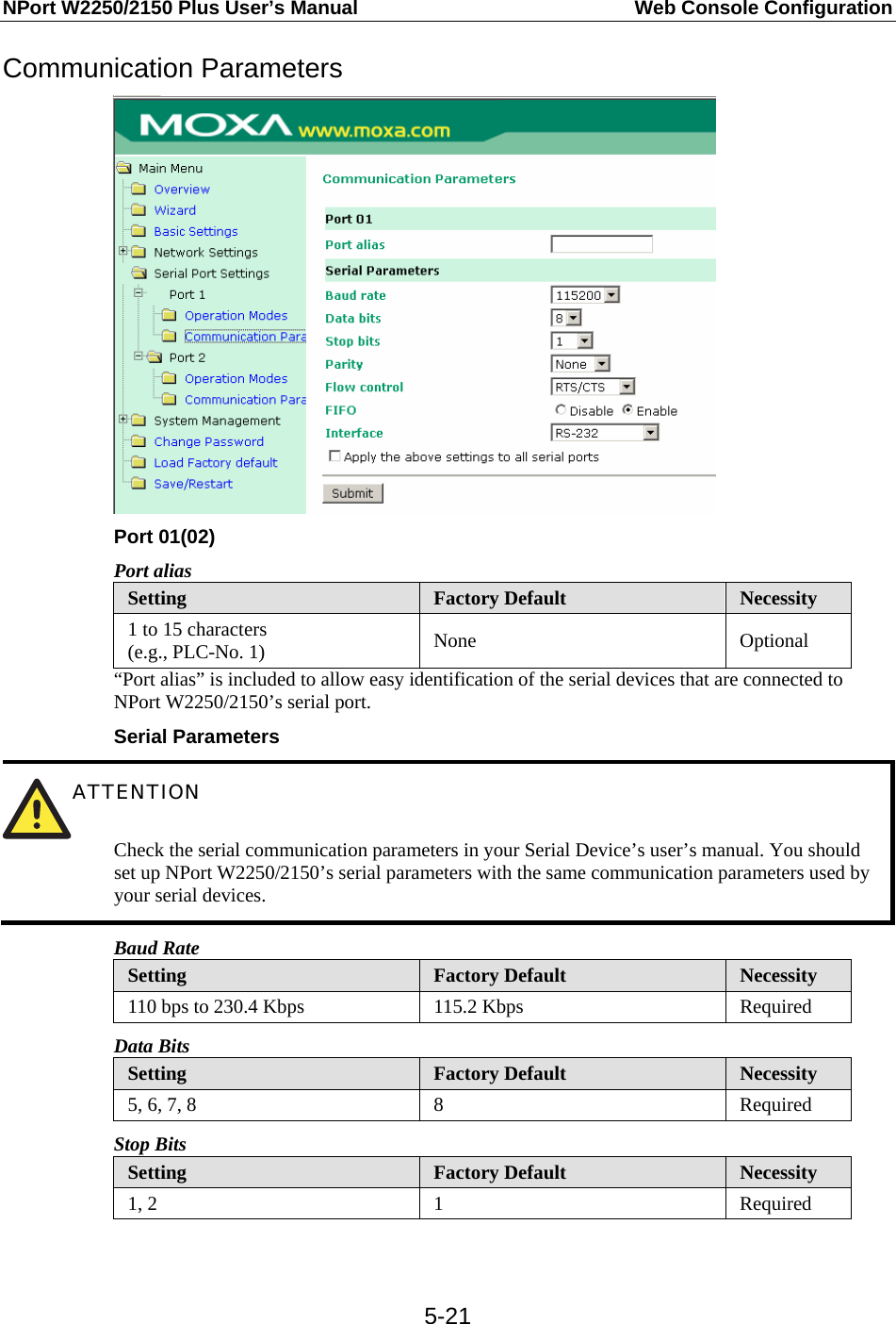 NPort W2250/2150 Plus User’s Manual  Web Console Configuration  5-21Communication Parameters  Port 01(02) Port alias Setting  Factory Default  Necessity 1 to 15 characters (e.g., PLC-No. 1)  None Optional “Port alias” is included to allow easy identification of the serial devices that are connected to NPort W2250/2150’s serial port. Serial Parameters  ATTENTION   Check the serial communication parameters in your Serial Device’s user’s manual. You should set up NPort W2250/2150’s serial parameters with the same communication parameters used by your serial devices. Baud Rate Setting  Factory Default  Necessity 110 bps to 230.4 Kbps  115.2 Kbps  Required Data Bits   Setting  Factory Default  Necessity 5, 6, 7, 8  8  Required Stop Bits Setting  Factory Default  Necessity 1, 2  1  Required 