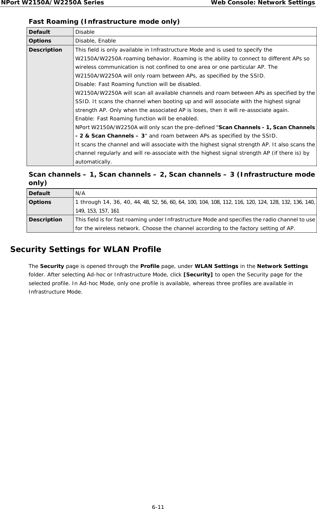 NPort W2150A/W2250A Series Web Console: Network Settings  6-11 Fast Roaming (Infrastructure mode only) Default Disable Options Disable, Enable Description This field is only available in Infrastructure Mode and is used to specify the  W2150A/W2250A roaming behavior. Roaming is the ability to connect to different APs so wireless communication is not confined to one area or one particular AP. The W2150A/W2250A will only roam between APs, as specified by the SSID. Disable: Fast Roaming function will be disabled. W2150A/W2250A will scan all available channels and roam between APs as specified by the SSID. It scans the channel when booting up and will associate with the highest signal strength AP. Only when the associated AP is loses, then it will re-associate again. Enable: Fast Roaming function will be enabled. NPort W2150A/W2250A will only scan the pre-defined &quot;Scan Channels - 1, Scan Channels - 2 &amp; Scan Channels – 3&quot; and roam between APs as specified by the SSID. It scans the channel and will associate with the highest signal strength AP. It also scans the channel regularly and will re-associate with the highest signal strength AP (if there is) by automatically. Scan channels – 1, Scan channels – 2, Scan channels – 3 (Infrastructure mode only) Default N/A Options 1 through 14, 36, 40, 44, 48, 52, 56, 60, 64, 100, 104, 108, 112, 116, 120, 124, 128, 132, 136, 140, 149, 153, 157, 161 Description This field is for fast roaming under Infrastructure Mode and specifies the radio channel to use for the wireless network. Choose the channel according to the factory setting of AP. Security Settings for WLAN Profile The Security page is opened through the Profile page, under WLAN Settings in the Network Settings folder. After selecting Ad-hoc or Infrastructure Mode, click [Security] to open the Security page for the selected profile. In Ad-hoc Mode, only one profile is available, whereas three profiles are available in Infrastructure Mode. 