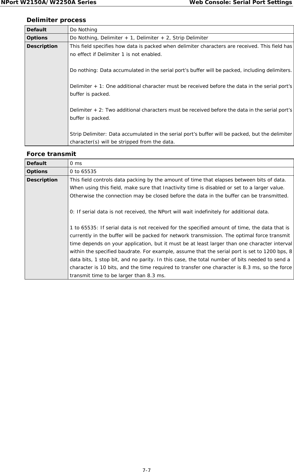 NPort W2150A/W2250A Series Web Console: Serial Port Settings  7-7 Delimiter process Default Do Nothing Options Do Nothing, Delimiter + 1, Delimiter + 2, Strip Delimiter Description This field specifies how data is packed when delimiter characters are received. This field has no effect if Delimiter 1 is not enabled.  Do nothing: Data accumulated in the serial port’s buffer will be packed, including delimiters.   Delimiter + 1: One additional character must be received before the data in the serial port’s buffer is packed.  Delimiter + 2: Two additional characters must be received before the data in the serial port’s buffer is packed.   Strip Delimiter: Data accumulated in the serial port’s buffer will be packed, but the delimiter character(s) will be stripped from the data. Force transmit Default 0 ms Options 0 to 65535 Description This field controls data packing by the amount of time that elapses between bits of data. When using this field, make sure that Inactivity time is disabled or set to a larger value. Otherwise the connection may be closed before the data in the buffer can be transmitted.  0: If serial data is not received, the NPort will wait indefinitely for additional data.  1 to 65535: If serial data is not received for the specified amount of time, the data that is currently in the buffer will be packed for network transmission. The optimal force transmit time depends on your application, but it must be at least larger than one character interval within the specified baudrate. For example, assume that the serial port is set to 1200 bps, 8 data bits, 1 stop bit, and no parity. In this case, the total number of bits needed to send a character is 10 bits, and the time required to transfer one character is 8.3 ms, so the force transmit time to be larger than 8.3 ms. 