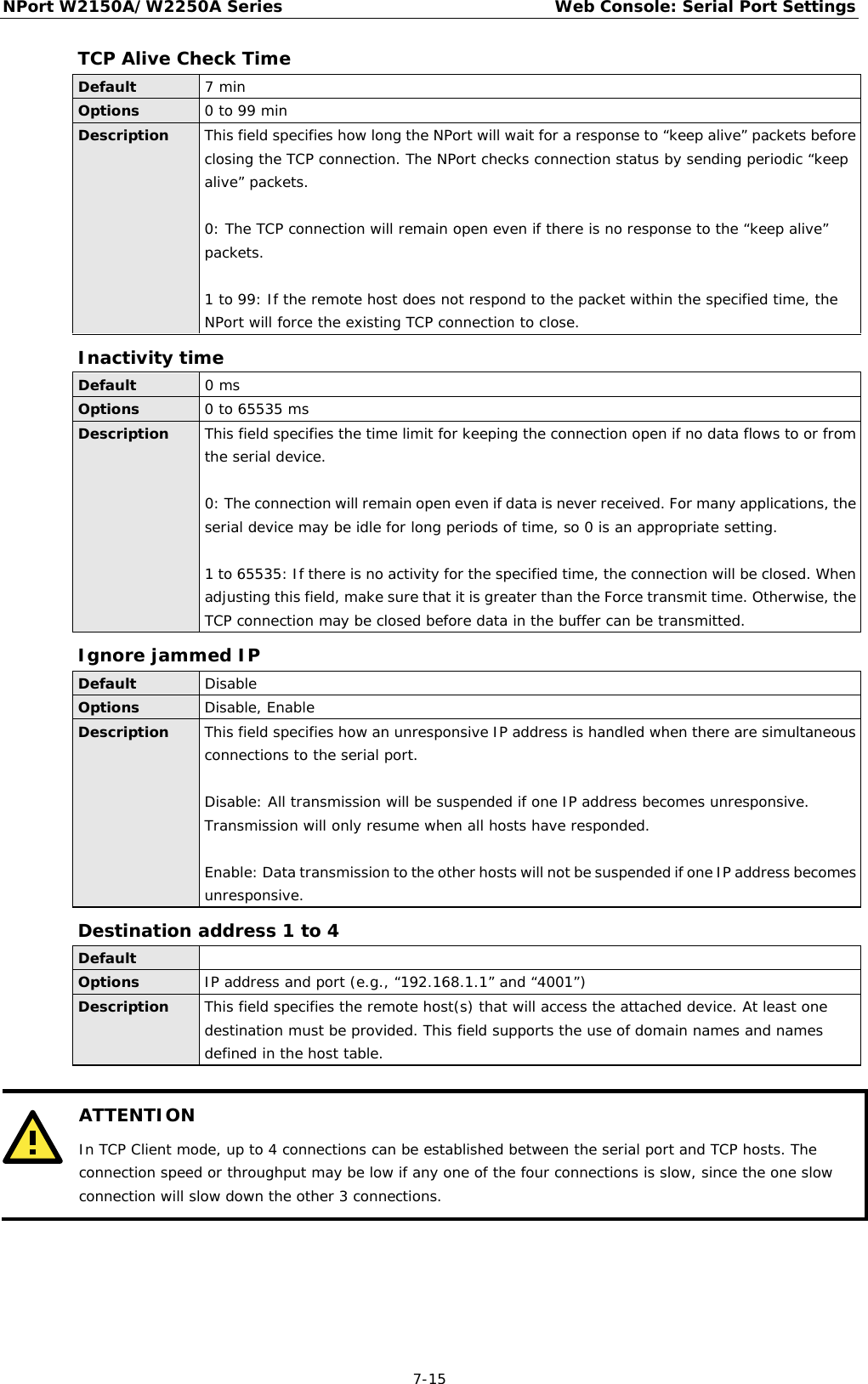 NPort W2150A/W2250A Series Web Console: Serial Port Settings  7-15 TCP Alive Check Time Default 7 min Options 0 to 99 min Description This field specifies how long the NPort will wait for a response to “keep alive” packets before closing the TCP connection. The NPort checks connection status by sending periodic “keep alive” packets.   0: The TCP connection will remain open even if there is no response to the “keep alive” packets.  1 to 99: If the remote host does not respond to the packet within the specified time, the NPort will force the existing TCP connection to close. Inactivity time Default 0 ms Options 0 to 65535 ms Description This field specifies the time limit for keeping the connection open if no data flows to or from the serial device.   0: The connection will remain open even if data is never received. For many applications, the serial device may be idle for long periods of time, so 0 is an appropriate setting.  1 to 65535: If there is no activity for the specified time, the connection will be closed. When adjusting this field, make sure that it is greater than the Force transmit time. Otherwise, the TCP connection may be closed before data in the buffer can be transmitted. Ignore jammed IP Default Disable Options Disable, Enable Description This field specifies how an unresponsive IP address is handled when there are simultaneous connections to the serial port.   Disable: All transmission will be suspended if one IP address becomes unresponsive. Transmission will only resume when all hosts have responded.  Enable: Data transmission to the other hosts will not be suspended if one IP address becomes unresponsive.  Destination address 1 to 4 Default  Options IP address and port (e.g., “192.168.1.1” and “4001”) Description This field specifies the remote host(s) that will access the attached device. At least one destination must be provided. This field supports the use of domain names and names defined in the host table.   ATTENTION In TCP Client mode, up to 4 connections can be established between the serial port and TCP hosts. The connection speed or throughput may be low if any one of the four connections is slow, since the one slow connection will slow down the other 3 connections.     