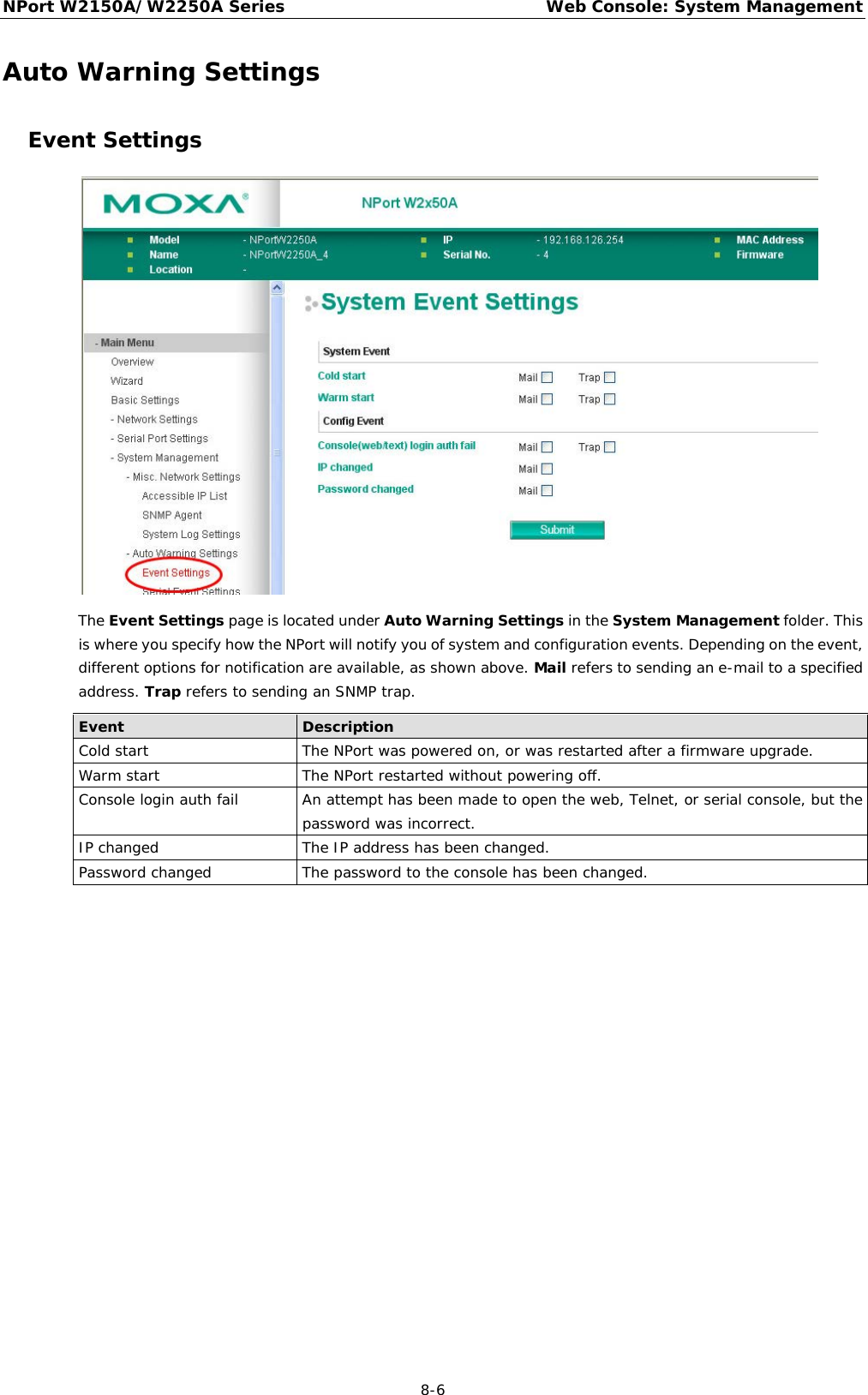 NPort W2150A/W2250A Series Web Console: System Management  8-6 Auto Warning Settings Event Settings  The Event Settings page is located under Auto Warning Settings in the System Management folder. This is where you specify how the NPort will notify you of system and configuration events. Depending on the event, different options for notification are available, as shown above. Mail refers to sending an e-mail to a specified address. Trap refers to sending an SNMP trap. Event Description Cold start The NPort was powered on, or was restarted after a firmware upgrade. Warm start The NPort restarted without powering off. Console login auth fail An attempt has been made to open the web, Telnet, or serial console, but the password was incorrect. IP changed The IP address has been changed. Password changed The password to the console has been changed. 