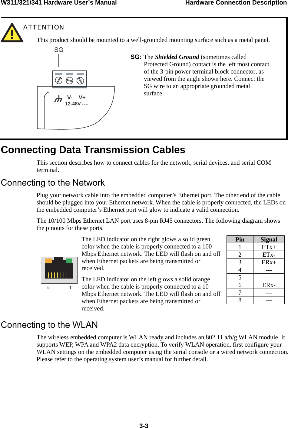 W311/321/341 Hardware User’s Manual  Hardware Connection Description  ATTENTION This product should be mounted to a well-grounded mounting surface such as a metal panel. V+V-12-48VSG  SG: The Shielded Ground (sometimes called Protected Ground) contact is the left most contact of the 3-pin power terminal block connector, as viewed from the angle shown here. Connect the SG wire to an appropriate grounded metal surface.  Connecting Data Transmission Cables This section describes how to connect cables for the network, serial devices, and serial COM terminal. Connecting to the Network Plug your network cable into the embedded computer’s Ethernet port. The other end of the cable should be plugged into your Ethernet network. When the cable is properly connected, the LEDs on the embedded computer’s Ethernet port will glow to indicate a valid connection. The 10/100 Mbps Ethernet LAN port uses 8-pin RJ45 connectors. The following diagram shows the pinouts for these ports. The LED indicator on the right glows a solid green color when the cable is properly connected to a 100 Mbps Ethernet network. The LED will flash on and off when Ethernet packets are being transmitted or received. 8 1 The LED indicator on the left glows a solid orange color when the cable is properly connected to a 10 Mbps Ethernet network. The LED will flash on and off when Ethernet packets are being transmitted or received. Pin  Signal 1 ETx+ 2 ETx- 3 ERx+ 4 --- 5 --- 6 ERx- 7 --- 8 ---  Connecting to the WLAN The wireless embedded computer is WLAN ready and includes an 802.11 a/b/g WLAN module. It supports WEP, WPA and WPA2 data encryption. To verify WLAN operation, first configure your WLAN settings on the embedded computer using the serial console or a wired network connection. Please refer to the operating system user’s manual for further detail.      3-3