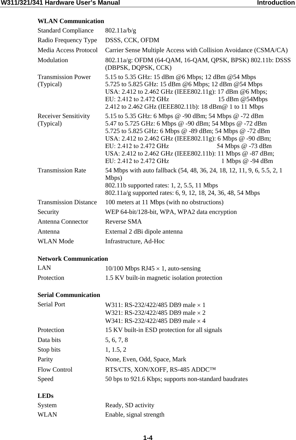 W311/321/341 Hardware User’s Manual  Introduction WLAN Communication Standard Compliance  802.11a/b/g Radio Frequency Type  DSSS, CCK, OFDM Media Access Protocol  Carrier Sense Multiple Access with Collision Avoidance (CSMA/CA) Modulation  802.11a/g: OFDM (64-QAM, 16-QAM, QPSK, BPSK) 802.11b: DSSS (DBPSK, DQPSK, CCK) Transmission Power (Typical)  5.15 to 5.35 GHz: 15 dBm @6 Mbps; 12 dBm @54 Mbps 5.725 to 5.825 GHz: 15 dBm @6 Mbps; 12 dBm @54 Mbps USA: 2.412 to 2.462 GHz (IEEE802.11g): 17 dBm @6 Mbps; EU: 2.412 to 2.472 GHz                              15 dBm @54Mbps 2.412 to 2.462 GHz (IEEE802.11b): 18 dBm@ 1 to 11 Mbps Receiver Sensitivity (Typical)  5.15 to 5.35 GHz: 6 Mbps @ -90 dBm; 54 Mbps @ -72 dBm 5.47 to 5.725 GHz: 6 Mbps @ -90 dBm; 54 Mbps @ -72 dBm 5.725 to 5.825 GHz: 6 Mbps @ -89 dBm; 54 Mbps @ -72 dBm USA: 2.412 to 2.462 GHz (IEEE802.11g): 6 Mbps @ -90 dBm; EU: 2.412 to 2.472 GHz                              54 Mbps @ -73 dBm USA: 2.412 to 2.462 GHz (IEEE802.11b): 11 Mbps @ -87 dBm; EU: 2.412 to 2.472 GHz                                1 Mbps @ -94 dBm Transmission Rate  54 Mbps with auto fallback (54, 48, 36, 24, 18, 12, 11, 9, 6, 5.5, 2, 1 Mbps) 802.11b supported rates: 1, 2, 5.5, 11 Mbps 802.11a/g supported rates: 6, 9, 12, 18, 24, 36, 48, 54 Mbps Transmission Distance  100 meters at 11 Mbps (with no obstructions) Security WEP 64-bit/128-bit, WPA, WPA2 data encryption Antenna Connector  Reverse SMA Antenna  External 2 dBi dipole antenna WLAN Mode  Infrastructure, Ad-Hoc  Network Communication LAN  10/100 Mbps RJ45 × 1, auto-sensing Protection  1.5 KV built-in magnetic isolation protection  Serial Communication Serial Port  W311: RS-232/422/485 DB9 male × 1 W321: RS-232/422/485 DB9 male × 2 W341: RS-232/422/485 DB9 male × 4 Protection  15 KV built-in ESD protection for all signals Data bits  5, 6, 7, 8 Stop bits  1, 1.5, 2 Parity  None, Even, Odd, Space, Mark Flow Control  RTS/CTS, XON/XOFF, RS-485 ADDC™ Speed  50 bps to 921.6 Kbps; supports non-standard baudrates  LEDs System  Ready, SD activity   WLAN Enable, signal strength  1-4