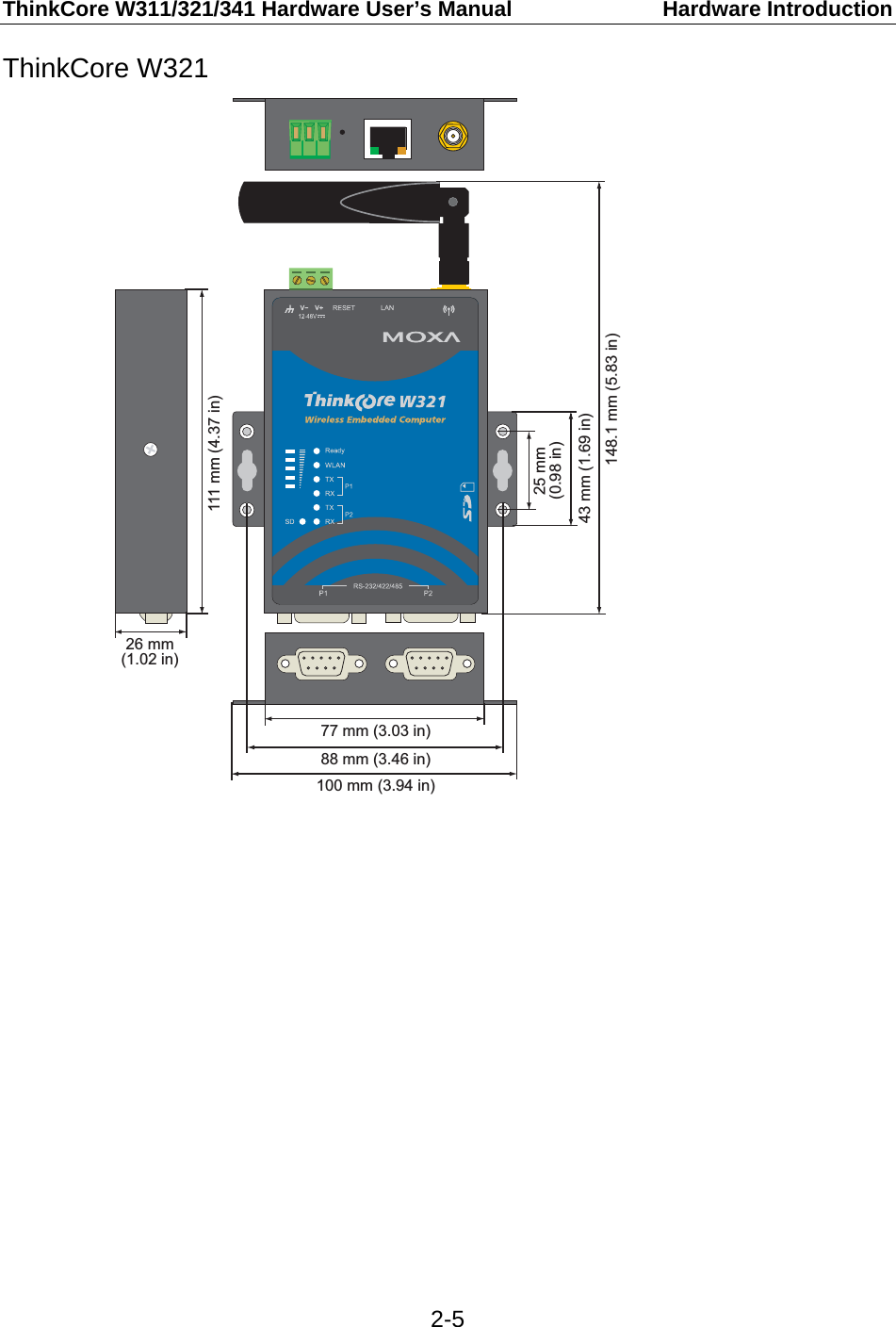 ThinkCore W311/321/341 Hardware User’s Manual  Hardware Introduction  2-5ThinkCore W321 100 mm (3.94 in)77 mm (3.03 in)25 mm(0.98 in)43 mm (1.69 in)148.1 mm (5.83 in)111 mm (4.37 in)26 mm(1.02 in)88 mm (3.46 in)              