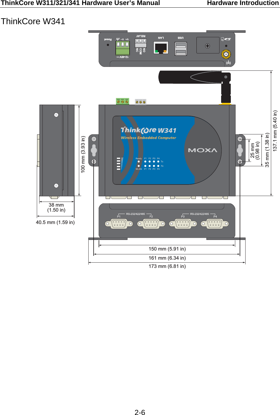 ThinkCore W311/321/341 Hardware User’s Manual  Hardware Introduction  2-6ThinkCore W341 173 mm (6.81 in)150 mm (5.91 in)137.1 mm (5.40 in)100 mm (3.93 in)38 mm(1.50 in)40.5 mm (1.59 in)161 mm (6.34 in)ResetRELAY12-48VLANNOCOMNCUSB25 mm(0.98 in)35 mm (1.38 in)             