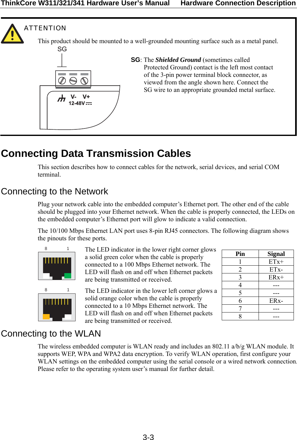 ThinkCore W311/321/341 Hardware User’s Manual  Hardware Connection Description   3-3 ATTENTION This product should be mounted to a well-grounded mounting surface such as a metal panel. V+V-SG12-48V  SG: The Shielded Ground (sometimes called Protected Ground) contact is the left most contact of the 3-pin power terminal block connector, as viewed from the angle shown here. Connect the SG wire to an appropriate grounded metal surface.  Connecting Data Transmission Cables This section describes how to connect cables for the network, serial devices, and serial COM terminal. Connecting to the Network Plug your network cable into the embedded computer’s Ethernet port. The other end of the cable should be plugged into your Ethernet network. When the cable is properly connected, the LEDs on the embedded computer’s Ethernet port will glow to indicate a valid connection. The 10/100 Mbps Ethernet LAN port uses 8-pin RJ45 connectors. The following diagram shows the pinouts for these ports. 18 The LED indicator in the lower right corner glows a solid green color when the cable is properly connected to a 100 Mbps Ethernet network. The LED will flash on and off when Ethernet packets are being transmitted or received. 18 The LED indicator in the lower left corner glows a solid orange color when the cable is properly connected to a 10 Mbps Ethernet network. The LED will flash on and off when Ethernet packets are being transmitted or received. Pin Signal 1 ETx+ 2 ETx- 3 ERx+ 4 --- 5 --- 6 ERx- 7 --- 8 --- Connecting to the WLAN The wireless embedded computer is WLAN ready and includes an 802.11 a/b/g WLAN module. It supports WEP, WPA and WPA2 data encryption. To verify WLAN operation, first configure your WLAN settings on the embedded computer using the serial console or a wired network connection. Please refer to the operating system user’s manual for further detail.     