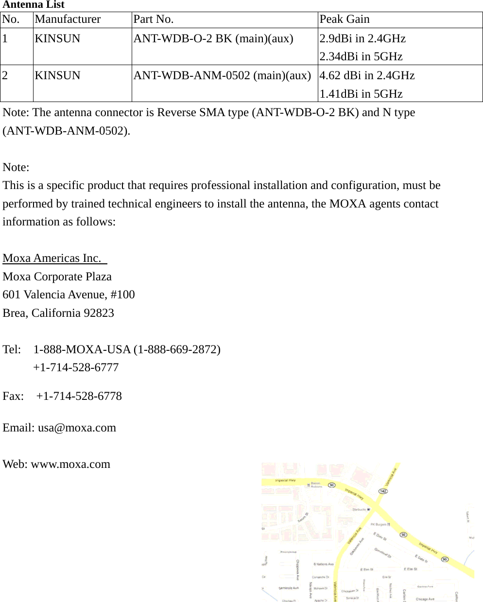 Antenna List No.  Manufacturer  Part No.  Peak Gain 1  KINSUN  ANT-WDB-O-2 BK (main)(aux)  2.9dBi in 2.4GHz 2.34dBi in 5GHz 2  KINSUN  ANT-WDB-ANM-0502 (main)(aux) 4.62 dBi in 2.4GHz 1.41dBi in 5GHz Note: The antenna connector is Reverse SMA type (ANT-WDB-O-2 BK) and N type       (ANT-WDB-ANM-0502).  Note:   This is a specific product that requires professional installation and configuration, must be performed by trained technical engineers to install the antenna, the MOXA agents contact information as follows:    Moxa Americas Inc.   Moxa Corporate Plaza   601 Valencia Avenue, #100   Brea, California 92823  Tel:  1-888-MOXA-USA (1-888-669-2872)  +1-714-528-6777  Fax:  +1-714-528-6778  Email: usa@moxa.com  Web: www.moxa.com 