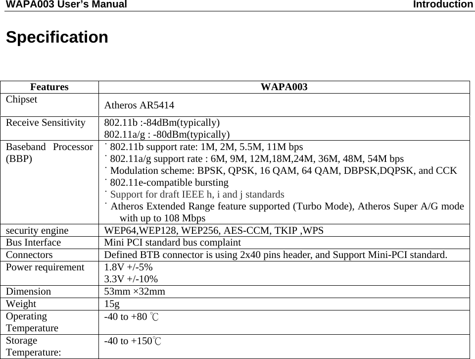 WAPA003 User’s Manual  Introduction  Specification   Features WAPA003 Chipset  Atheros AR5414 Receive Sensitivity  802.11b :-84dBm(typically) 802.11a/g : -80dBm(typically) Baseband Processor (BBP)  ˙ 802.11b support rate: 1M, 2M, 5.5M, 11M bps ˙ 802.11a/g support rate : 6M, 9M, 12M,18M,24M, 36M, 48M, 54M bps ˙ Modulation scheme: BPSK, QPSK, 16 QAM, 64 QAM, DBPSK,DQPSK, and CCK ˙ 802.11e-compatible bursting ˙ Support for draft IEEE h, i and j standards ˙ Atheros Extended Range feature supported (Turbo Mode), Atheros Super A/G mode with up to 108 Mbps security engine  WEP64,WEP128, WEP256, AES-CCM, TKIP ,WPS Bus Interface  Mini PCI standard bus complaint Connectors  Defined BTB connector is using 2x40 pins header, and Support Mini-PCI standard. Power requirement  1.8V +/-5% 3.3V +/-10% Dimension 53mm ×32mm Weight 15g Operating Temperature  -40 to +80 ℃ Storage Temperature:  -40 to +150℃ 