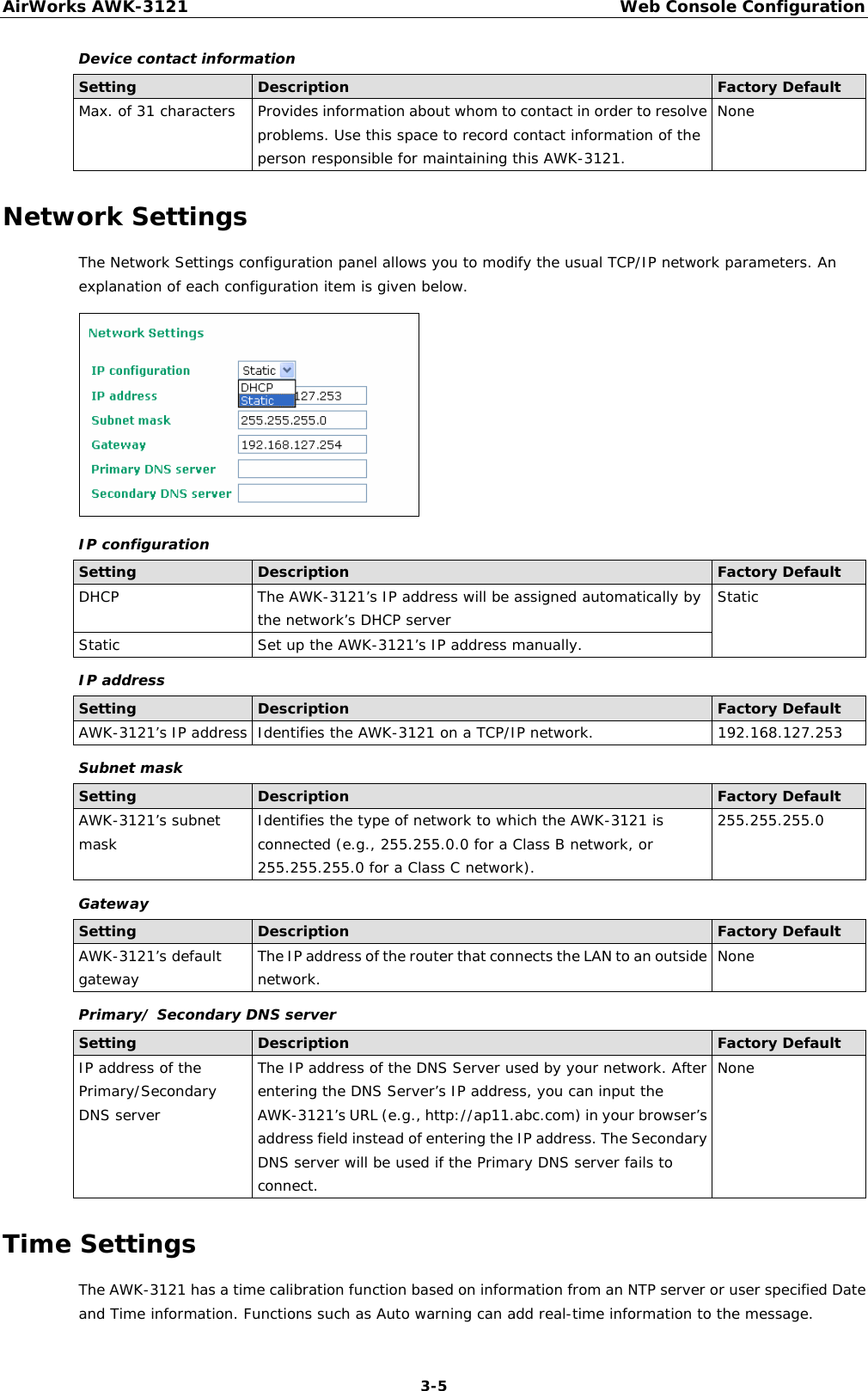 AirWorks AWK-3121  Web Console Configuration  3-5Device contact information Setting  Description  Factory Default Max. of 31 characters  Provides information about whom to contact in order to resolve problems. Use this space to record contact information of the person responsible for maintaining this AWK-3121. None Network Settings The Network Settings configuration panel allows you to modify the usual TCP/IP network parameters. An explanation of each configuration item is given below.  IP configuration Setting  Description  Factory Default DHCP  The AWK-3121’s IP address will be assigned automatically by the network’s DHCP server  Static Static  Set up the AWK-3121’s IP address manually. IP address Setting  Description  Factory Default AWK-3121’s IP address  Identifies the AWK-3121 on a TCP/IP network.  192.168.127.253 Subnet mask Setting  Description  Factory Default AWK-3121’s subnet mask  Identifies the type of network to which the AWK-3121 is connected (e.g., 255.255.0.0 for a Class B network, or 255.255.255.0 for a Class C network). 255.255.255.0 Gateway Setting  Description  Factory Default AWK-3121’s default gateway  The IP address of the router that connects the LAN to an outside network.  None Primary/ Secondary DNS server Setting  Description  Factory Default IP address of the Primary/Secondary DNS server The IP address of the DNS Server used by your network. After entering the DNS Server’s IP address, you can input the AWK-3121’s URL (e.g., http://ap11.abc.com) in your browser’s address field instead of entering the IP address. The Secondary DNS server will be used if the Primary DNS server fails to connect. None Time Settings The AWK-3121 has a time calibration function based on information from an NTP server or user specified Date and Time information. Functions such as Auto warning can add real-time information to the message. 