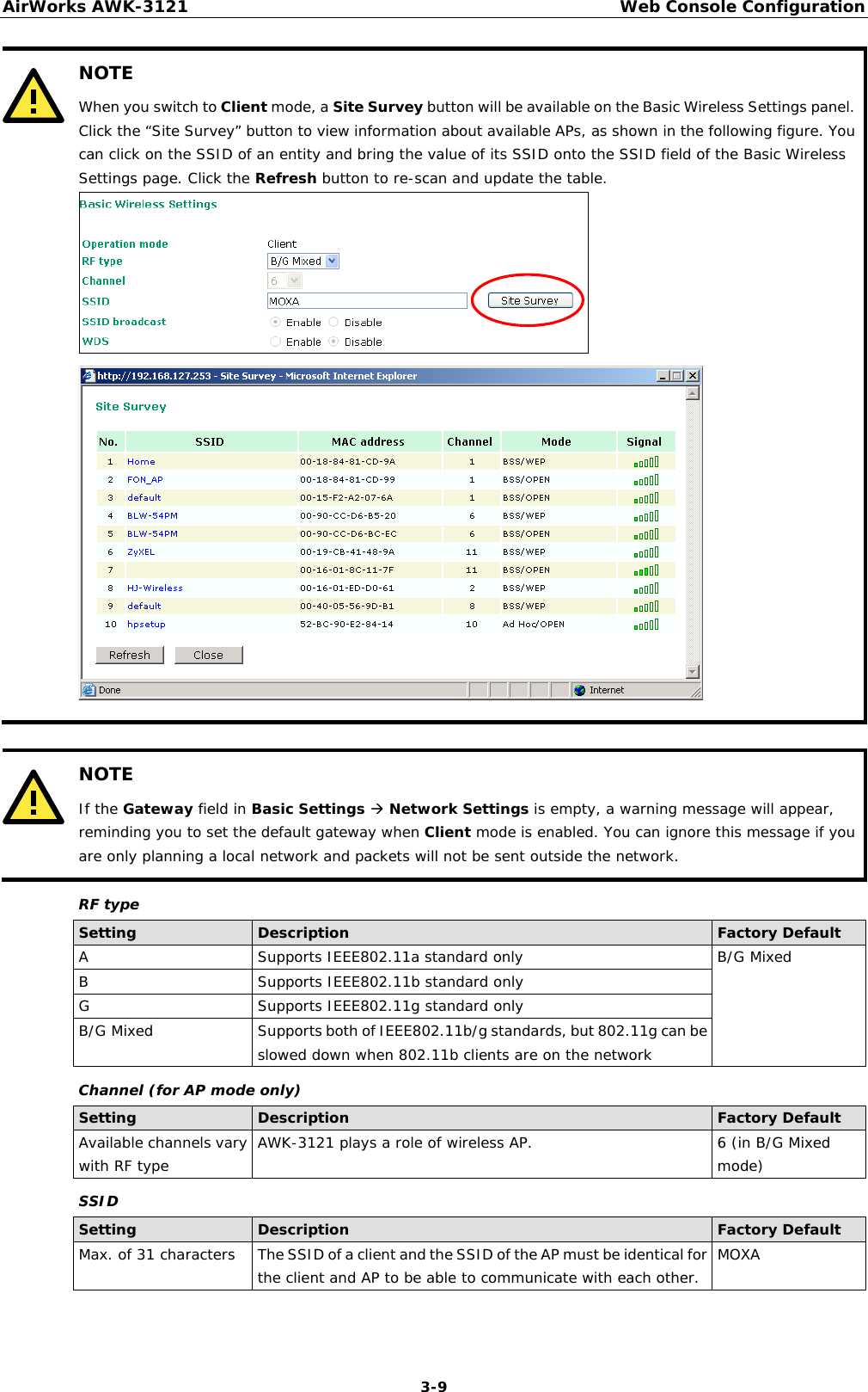 AirWorks AWK-3121  Web Console Configuration  3-9 NOTE When you switch to Client mode, a Site Survey button will be available on the Basic Wireless Settings panel. Click the “Site Survey” button to view information about available APs, as shown in the following figure. You can click on the SSID of an entity and bring the value of its SSID onto the SSID field of the Basic Wireless Settings page. Click the Refresh button to re-scan and update the table.      NOTE If the Gateway field in Basic Settings Æ Network Settings is empty, a warning message will appear, reminding you to set the default gateway when Client mode is enabled. You can ignore this message if you are only planning a local network and packets will not be sent outside the network.  RF type Setting  Description  Factory Default A  Supports IEEE802.11a standard only  B/G Mixed  B  Supports IEEE802.11b standard only G  Supports IEEE802.11g standard only B/G Mixed  Supports both of IEEE802.11b/g standards, but 802.11g can be slowed down when 802.11b clients are on the network Channel (for AP mode only) Setting  Description  Factory Default Available channels vary with RF type  AWK-3121 plays a role of wireless AP.  6 (in B/G Mixed mode) SSID Setting  Description  Factory Default Max. of 31 characters  The SSID of a client and the SSID of the AP must be identical for the client and AP to be able to communicate with each other.  MOXA 