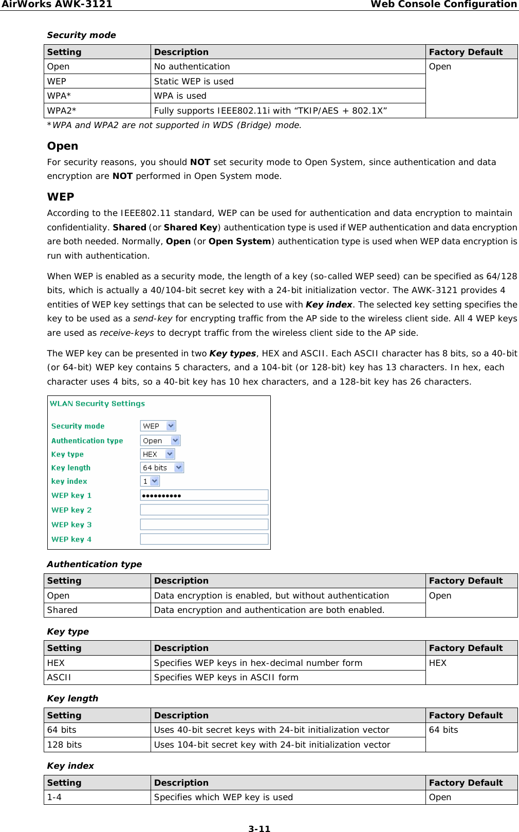 AirWorks AWK-3121  Web Console Configuration  3-11Security mode Setting  Description  Factory Default Open No authentication  Open WEP  Static WEP is used WPA* WPA is used WPA2*  Fully supports IEEE802.11i with “TKIP/AES + 802.1X” *WPA and WPA2 are not supported in WDS (Bridge) mode. Open For security reasons, you should NOT set security mode to Open System, since authentication and data encryption are NOT performed in Open System mode. WEP According to the IEEE802.11 standard, WEP can be used for authentication and data encryption to maintain confidentiality. Shared (or Shared Key) authentication type is used if WEP authentication and data encryption are both needed. Normally, Open (or Open System) authentication type is used when WEP data encryption is run with authentication. When WEP is enabled as a security mode, the length of a key (so-called WEP seed) can be specified as 64/128 bits, which is actually a 40/104-bit secret key with a 24-bit initialization vector. The AWK-3121 provides 4 entities of WEP key settings that can be selected to use with Key index. The selected key setting specifies the key to be used as a send-key for encrypting traffic from the AP side to the wireless client side. All 4 WEP keys are used as receive-keys to decrypt traffic from the wireless client side to the AP side. The WEP key can be presented in two Key types, HEX and ASCII. Each ASCII character has 8 bits, so a 40-bit (or 64-bit) WEP key contains 5 characters, and a 104-bit (or 128-bit) key has 13 characters. In hex, each character uses 4 bits, so a 40-bit key has 10 hex characters, and a 128-bit key has 26 characters.  Authentication type Setting  Description  Factory Default Open  Data encryption is enabled, but without authentication  Open Shared  Data encryption and authentication are both enabled. Key type Setting  Description  Factory Default HEX  Specifies WEP keys in hex-decimal number form  HEX ASCII  Specifies WEP keys in ASCII form Key length Setting  Description  Factory Default 64 bits  Uses 40-bit secret keys with 24-bit initialization vector  64 bits 128 bits  Uses 104-bit secret key with 24-bit initialization vector Key index Setting  Description  Factory Default 1-4  Specifies which WEP key is used  Open 