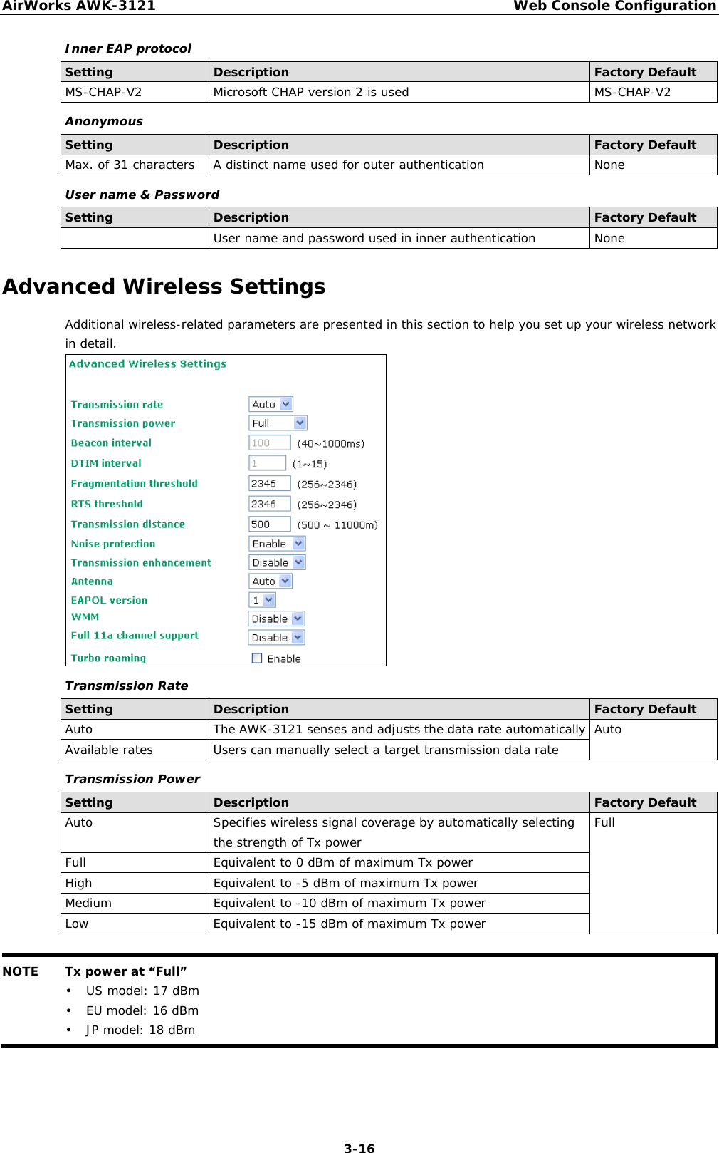 AirWorks AWK-3121  Web Console Configuration  3-16Inner EAP protocol Setting  Description  Factory Default MS-CHAP-V2  Microsoft CHAP version 2 is used  MS-CHAP-V2 Anonymous Setting  Description  Factory Default Max. of 31 characters  A distinct name used for outer authentication None User name &amp; Password Setting  Description  Factory Default   User name and password used in inner authentication  None Advanced Wireless Settings Additional wireless-related parameters are presented in this section to help you set up your wireless network in detail.  Transmission Rate Setting  Description  Factory Default Auto  The AWK-3121 senses and adjusts the data rate automatically  Auto Available rates  Users can manually select a target transmission data rate Transmission Power Setting  Description  Factory Default Auto  Specifies wireless signal coverage by automatically selecting the strength of Tx power  Full Full  Equivalent to 0 dBm of maximum Tx power High  Equivalent to -5 dBm of maximum Tx power Medium  Equivalent to -10 dBm of maximum Tx power Low  Equivalent to -15 dBm of maximum Tx power  NOTE  Tx power at “Full” • US model: 17 dBm • EU model: 16 dBm • JP model: 18 dBm    
