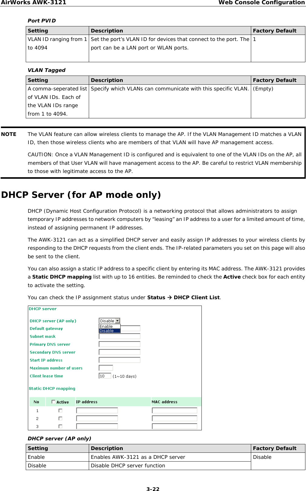 AirWorks AWK-3121  Web Console Configuration  3-22Port PVID Setting  Description  Factory Default VLAN ID ranging from 1 to 4094  Set the port’s VLAN ID for devices that connect to the port. The port can be a LAN port or WLAN ports.  1 VLAN Tagged Setting  Description  Factory Default A comma-seperated list of VLAN IDs. Each of the VLAN IDs range from 1 to 4094. Specify which VLANs can communicate with this specific VLAN.  (Empty)  NOTE  The VLAN feature can allow wireless clients to manage the AP. If the VLAN Management ID matches a VLAN ID, then those wireless clients who are members of that VLAN will have AP management access. CAUTION: Once a VLAN Management ID is configured and is equivalent to one of the VLAN IDs on the AP, all members of that User VLAN will have management access to the AP. Be careful to restrict VLAN membership to those with legitimate access to the AP.  DHCP Server (for AP mode only) DHCP (Dynamic Host Configuration Protocol) is a networking protocol that allows administrators to assign temporary IP addresses to network computers by “leasing” an IP address to a user for a limited amount of time, instead of assigning permanent IP addresses. The AWK-3121 can act as a simplified DHCP server and easily assign IP addresses to your wireless clients by responding to the DHCP requests from the client ends. The IP-related parameters you set on this page will also be sent to the client. You can also assign a static IP address to a specific client by entering its MAC address. The AWK-3121 provides a Static DHCP mapping list with up to 16 entities. Be reminded to check the Active check box for each entity to activate the setting. You can check the IP assignment status under Status Æ DHCP Client List.  DHCP server (AP only) Setting  Description  Factory Default Enable  Enables AWK-3121 as a DHCP server  Disable Disable  Disable DHCP server function 