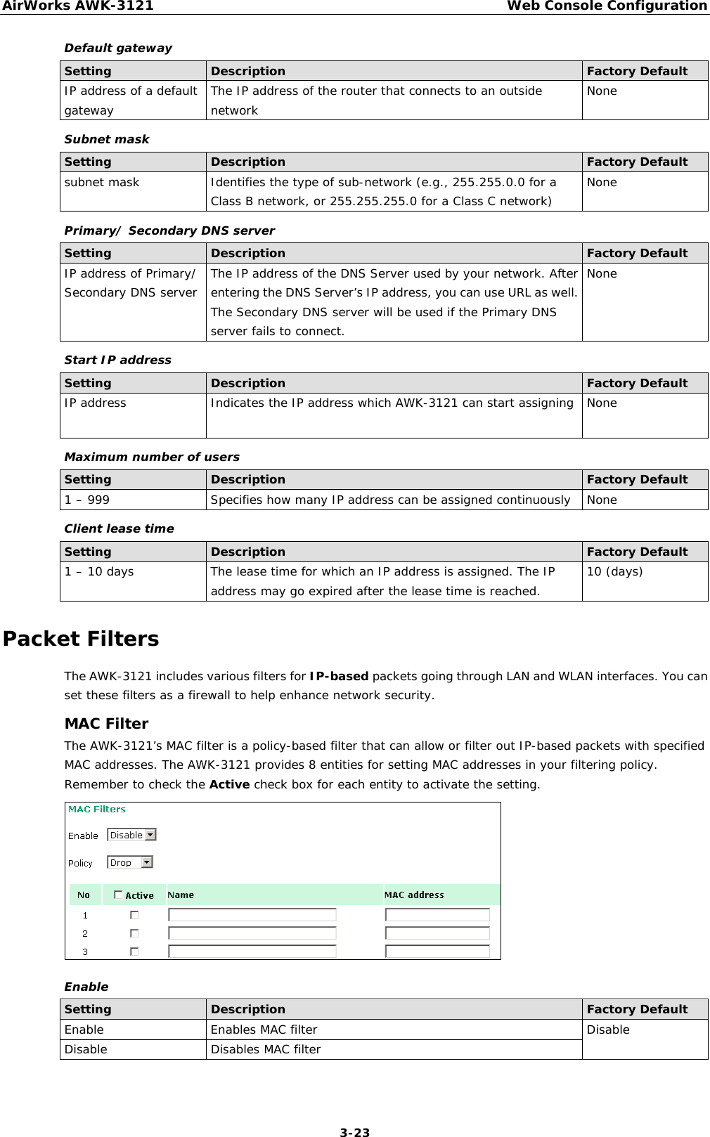 AirWorks AWK-3121  Web Console Configuration  3-23Default gateway Setting  Description  Factory Default IP address of a default gateway  The IP address of the router that connects to an outside network  None Subnet mask Setting  Description  Factory Default subnet mask  Identifies the type of sub-network (e.g., 255.255.0.0 for a Class B network, or 255.255.255.0 for a Class C network)  None Primary/ Secondary DNS server Setting  Description  Factory Default IP address of Primary/ Secondary DNS server  The IP address of the DNS Server used by your network. After entering the DNS Server’s IP address, you can use URL as well. The Secondary DNS server will be used if the Primary DNS server fails to connect. None Start IP address Setting  Description  Factory Default IP address  Indicates the IP address which AWK-3121 can start assigning  None Maximum number of users Setting  Description  Factory Default 1 – 999  Specifies how many IP address can be assigned continuously  None Client lease time Setting  Description  Factory Default 1 – 10 days  The lease time for which an IP address is assigned. The IP address may go expired after the lease time is reached.   10 (days) Packet Filters The AWK-3121 includes various filters for IP-based packets going through LAN and WLAN interfaces. You can set these filters as a firewall to help enhance network security. MAC Filter The AWK-3121’s MAC filter is a policy-based filter that can allow or filter out IP-based packets with specified MAC addresses. The AWK-3121 provides 8 entities for setting MAC addresses in your filtering policy. Remember to check the Active check box for each entity to activate the setting.  Enable Setting  Description  Factory Default Enable Enables MAC filter  Disable Disable Disables MAC filter 